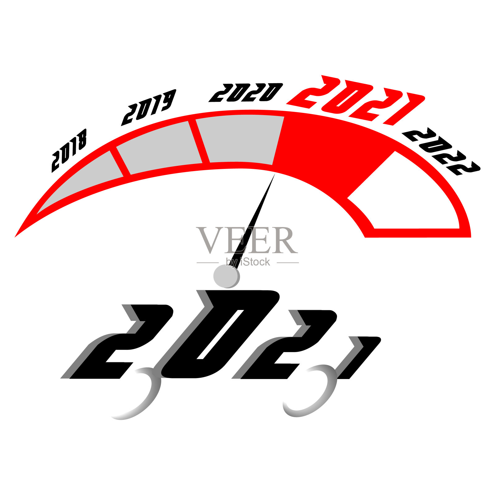 速度计的矢量图，显示快速通过的一年。指向2021年新年的指示箭头用赛车的速度来比喻。年的概念设计元素图片