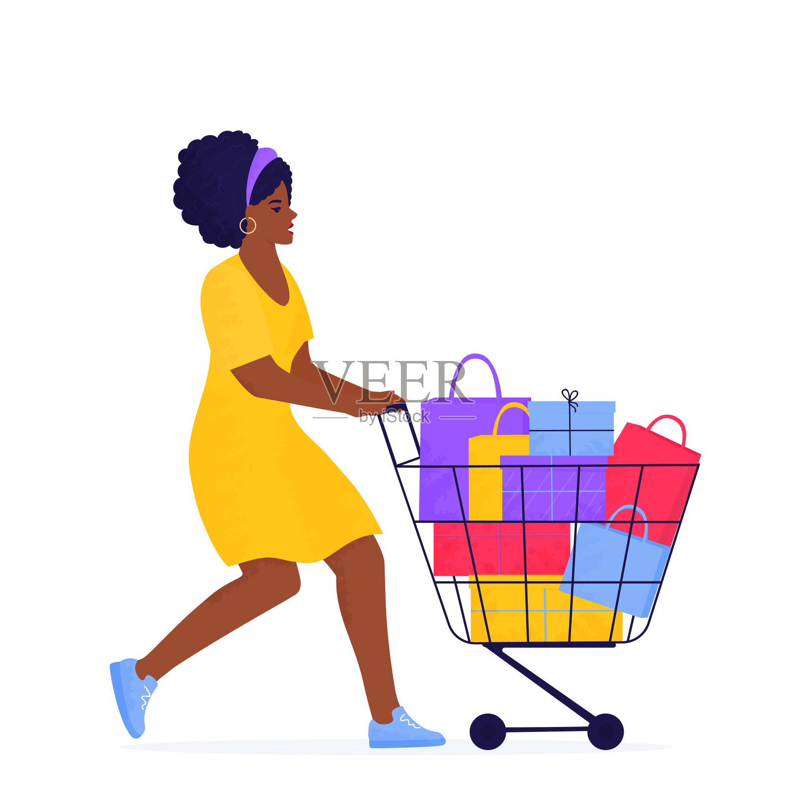 黑色星期五促销横幅。一个非裔美国女孩正推着装满商品和礼物的手推车购物设计元素图片