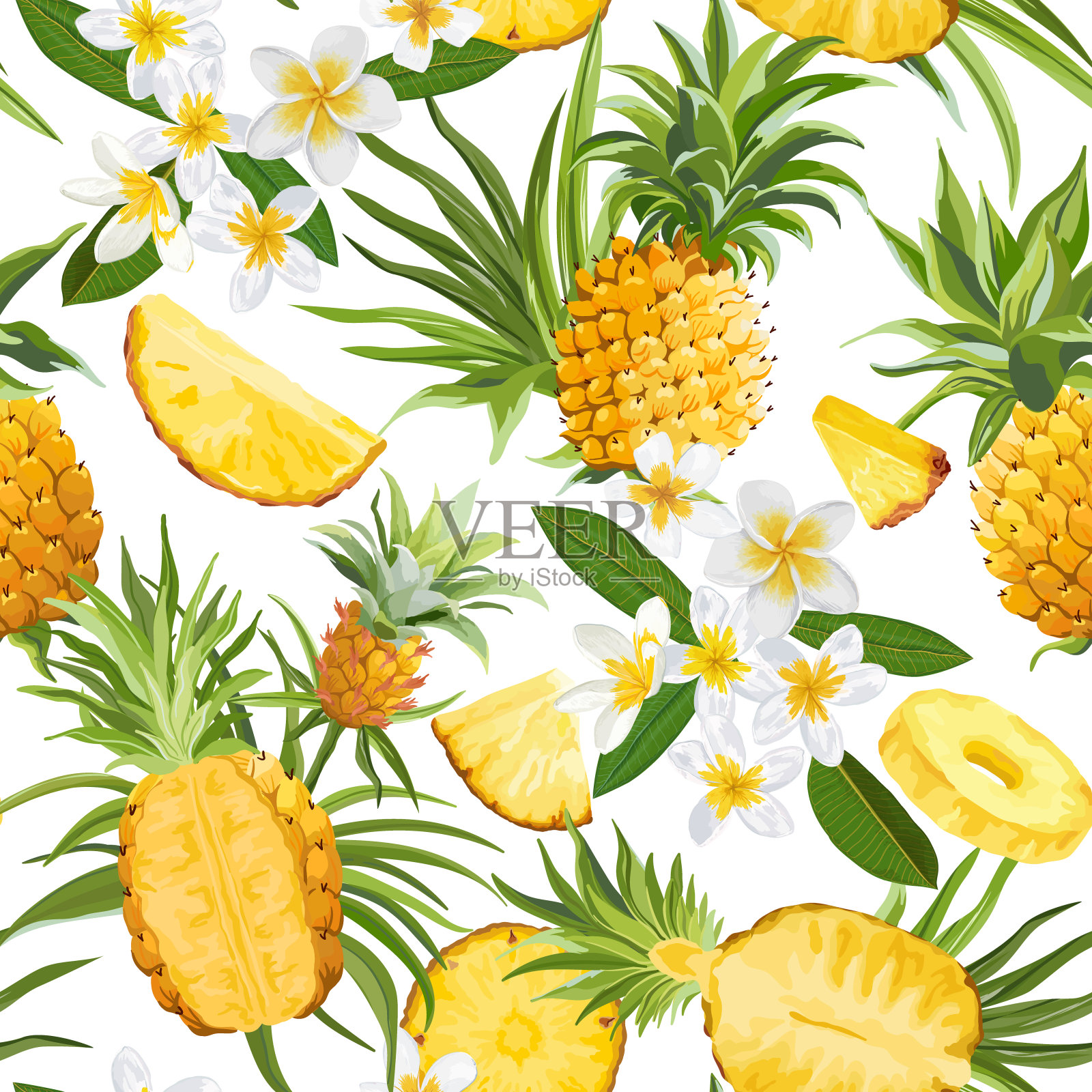 热带花卉和菠萝无缝图案，向量时尚异国情调的背景，鸡蛋花水果纹理，热带丛林墙纸，彩色背景，夏威夷封面设计，水彩纺织品插画图片素材