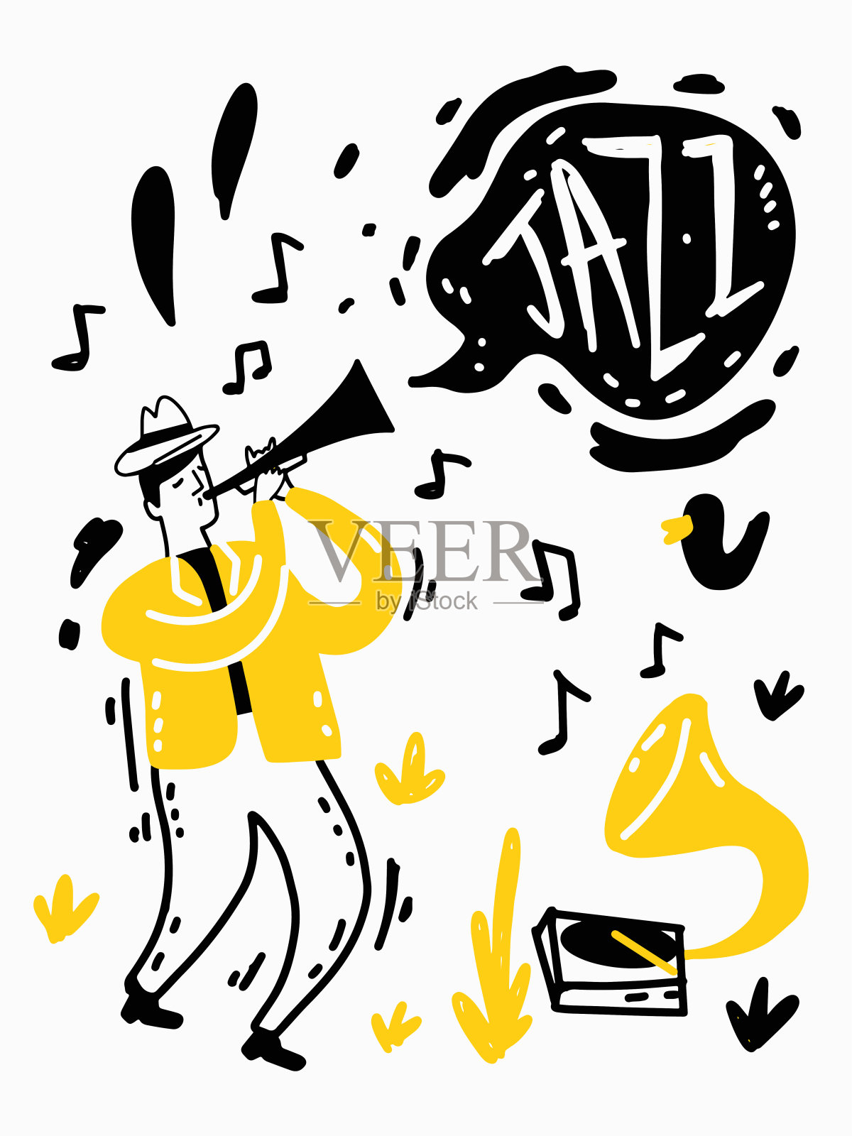 爵士音乐节封面海报概念。人玩仪器矢量插图。设计模板素材