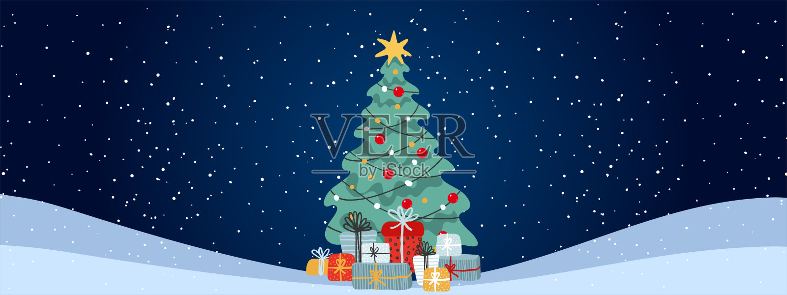 现代圣诞横幅与复制空间。用礼物装饰圣诞树的背景是一个冬天的风景，冬天下雪。平面矢量插图设计。插画图片素材