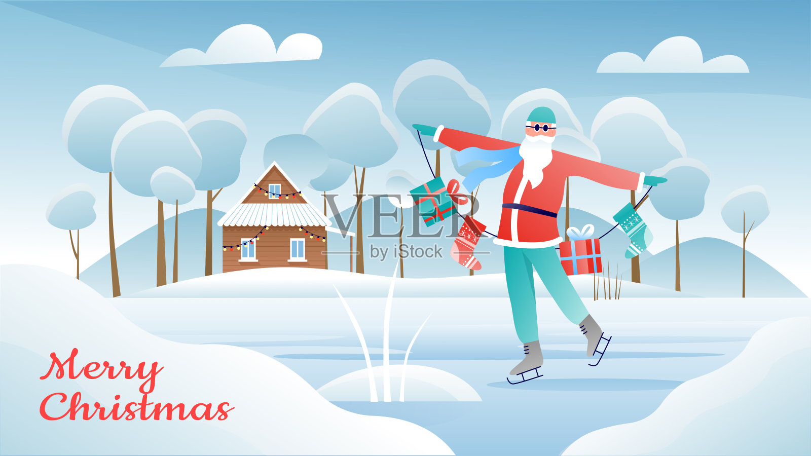 圣诞快乐卡通圣诞贺卡与圣诞老人滑冰和拿着圣诞袜插画图片素材