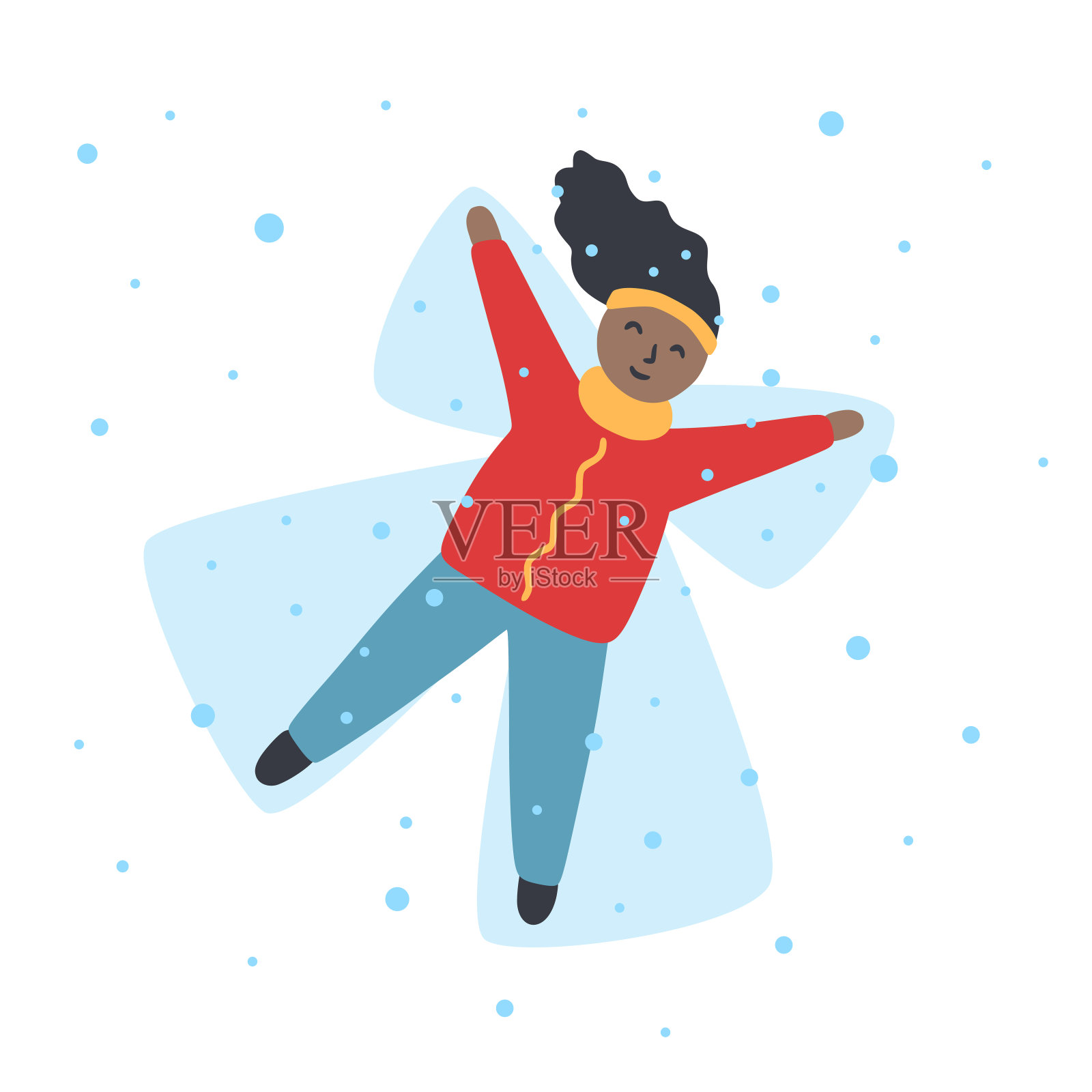 女孩做雪天使。可爱的冬季插画。矢量女孩躺在雪地里设计元素图片