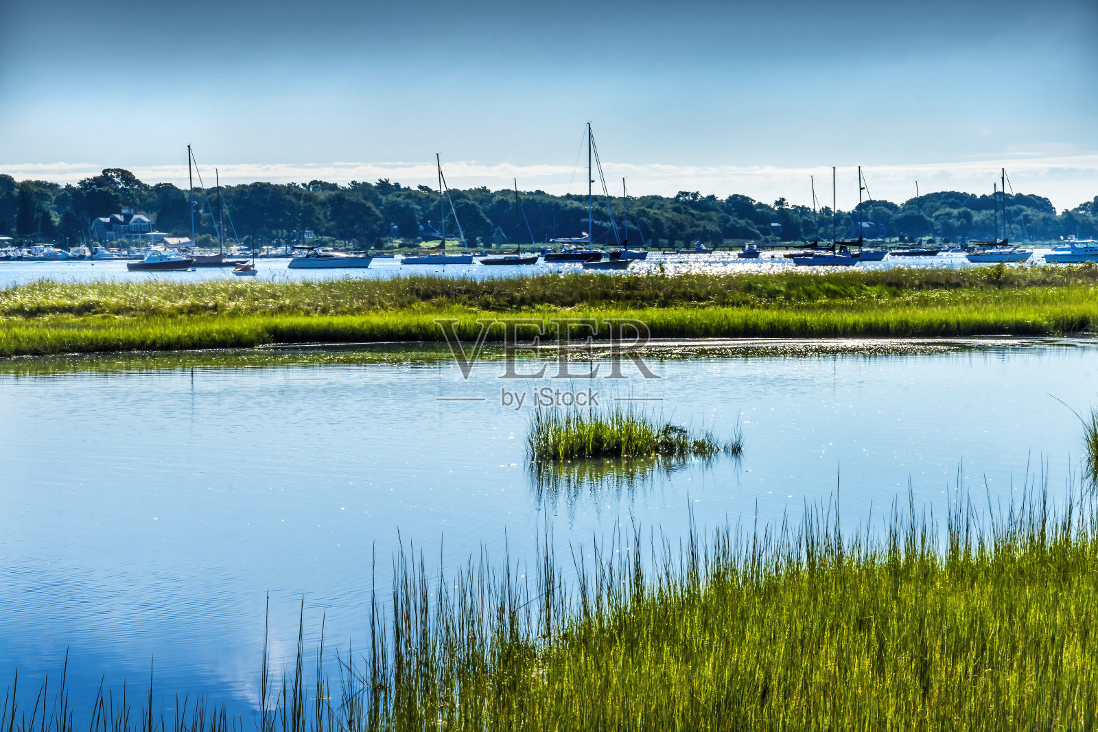 马萨诸塞州达特茅斯的巴旦亚拉姆港的绿色沼泽帆船照片摄影图片