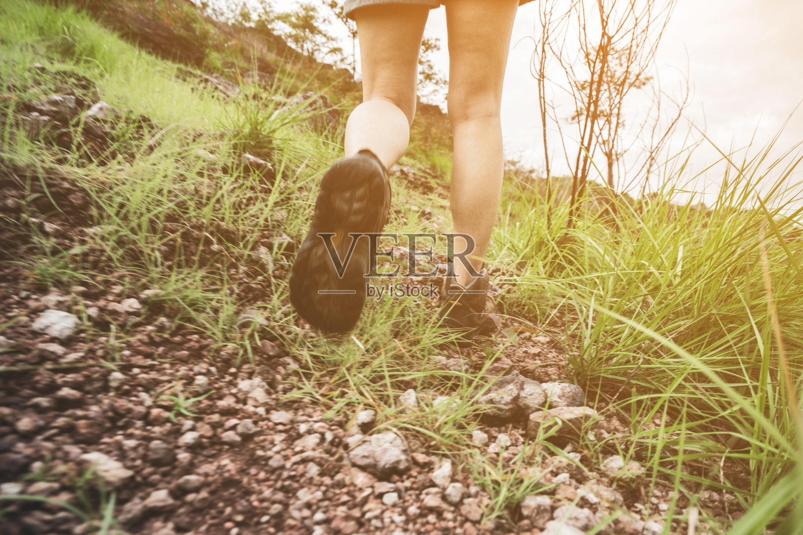 登山鞋在登山小路上行走，女性登山鞋。照片摄影图片