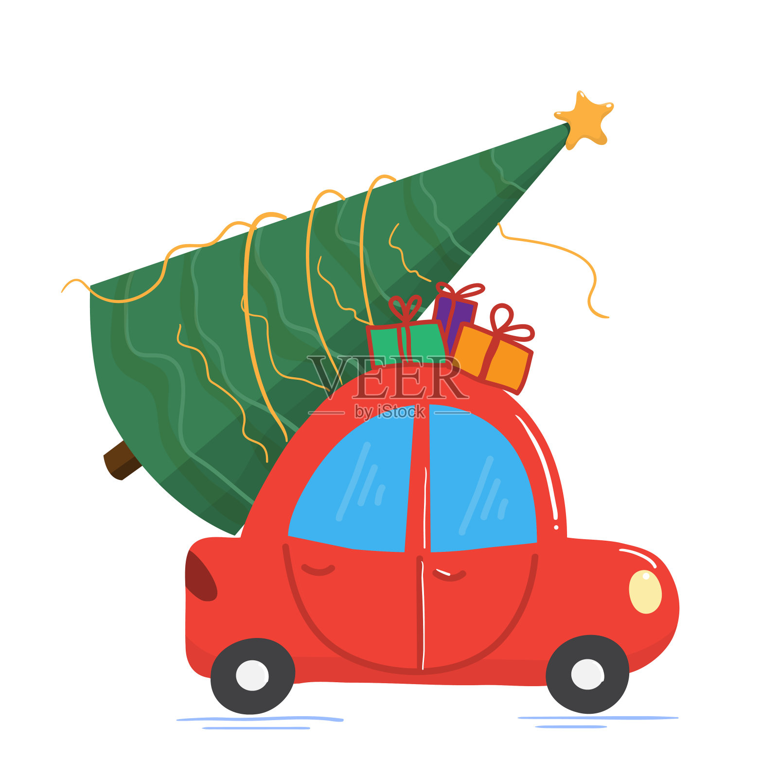 卡通红色汽车急着去参加圣诞大甩卖插画图片素材