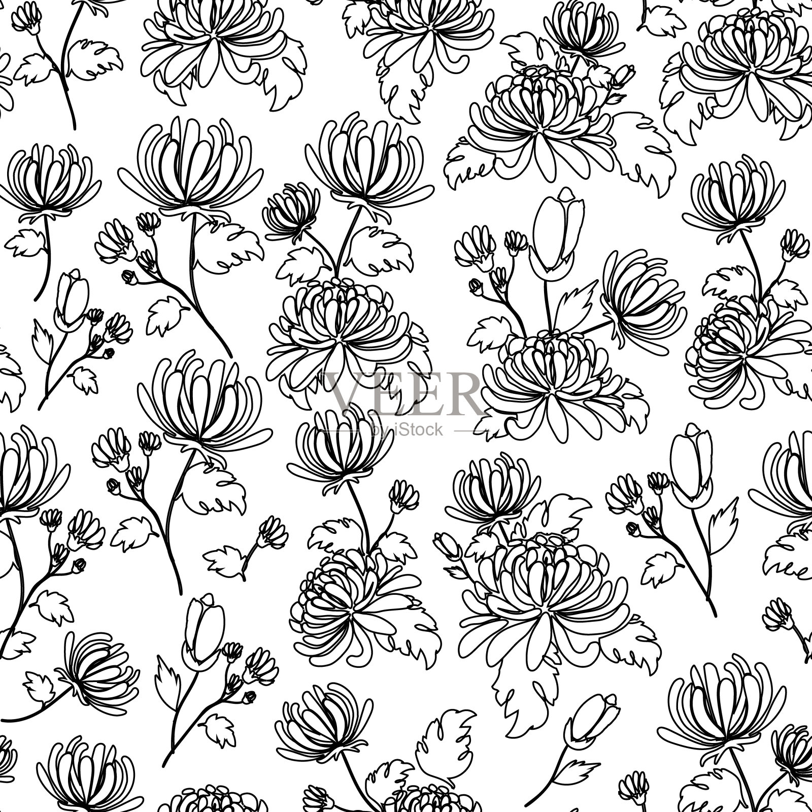 黑白相间，花束上有菊花图案插画图片素材