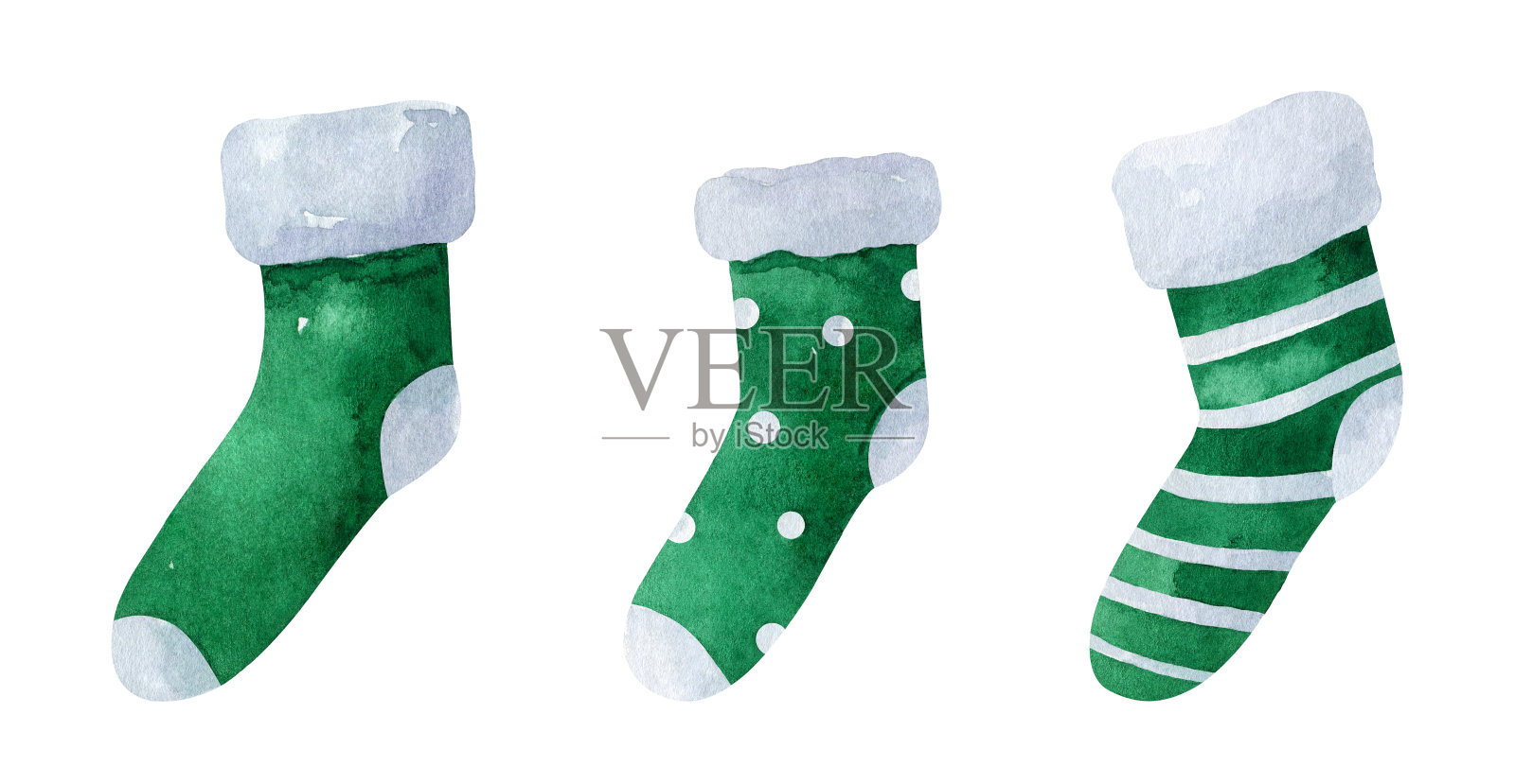 水彩圣诞绿色袜子与各种可爱的设计。设计元素图片
