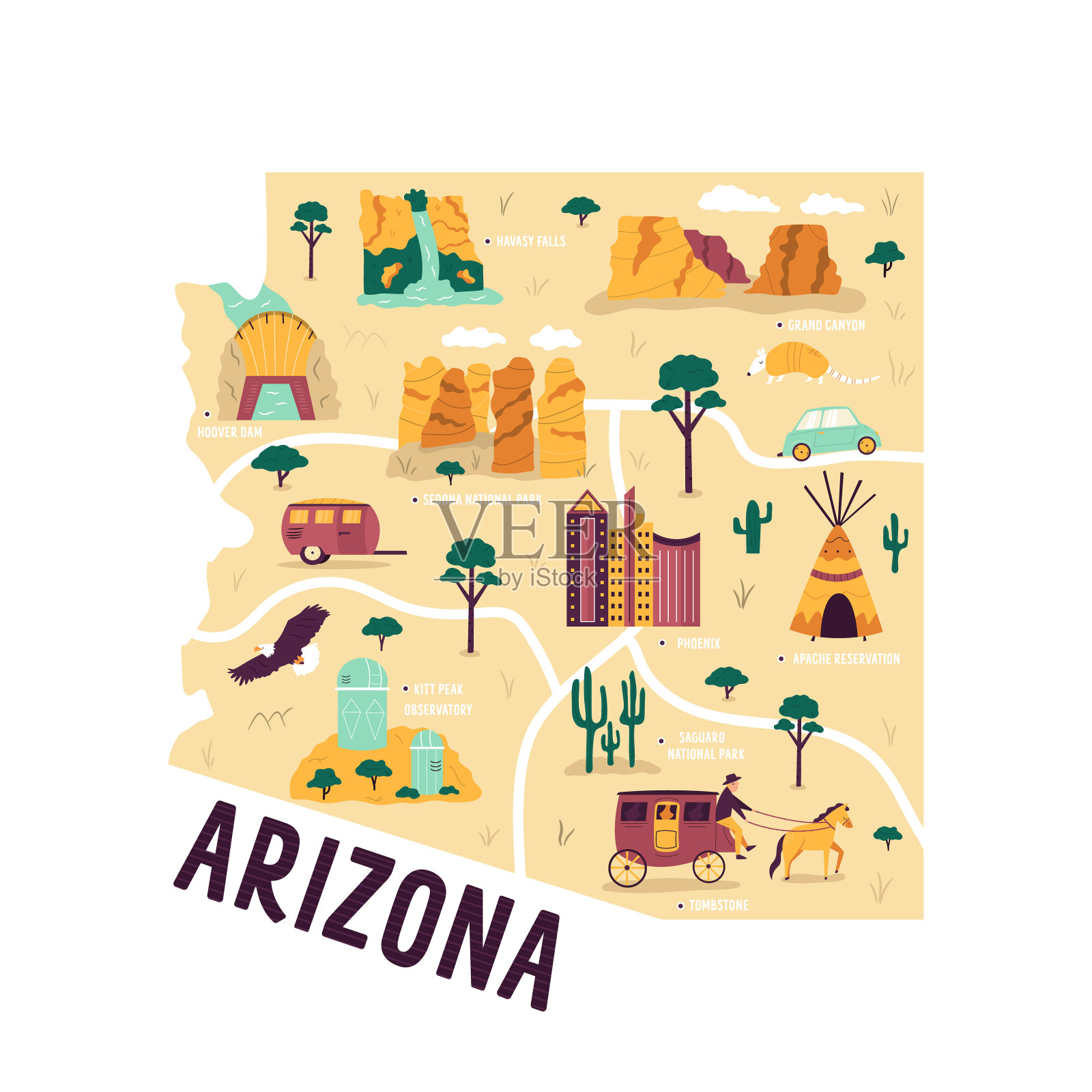 美国亚利桑那州的地图，有著名的地标，城市插画图片素材