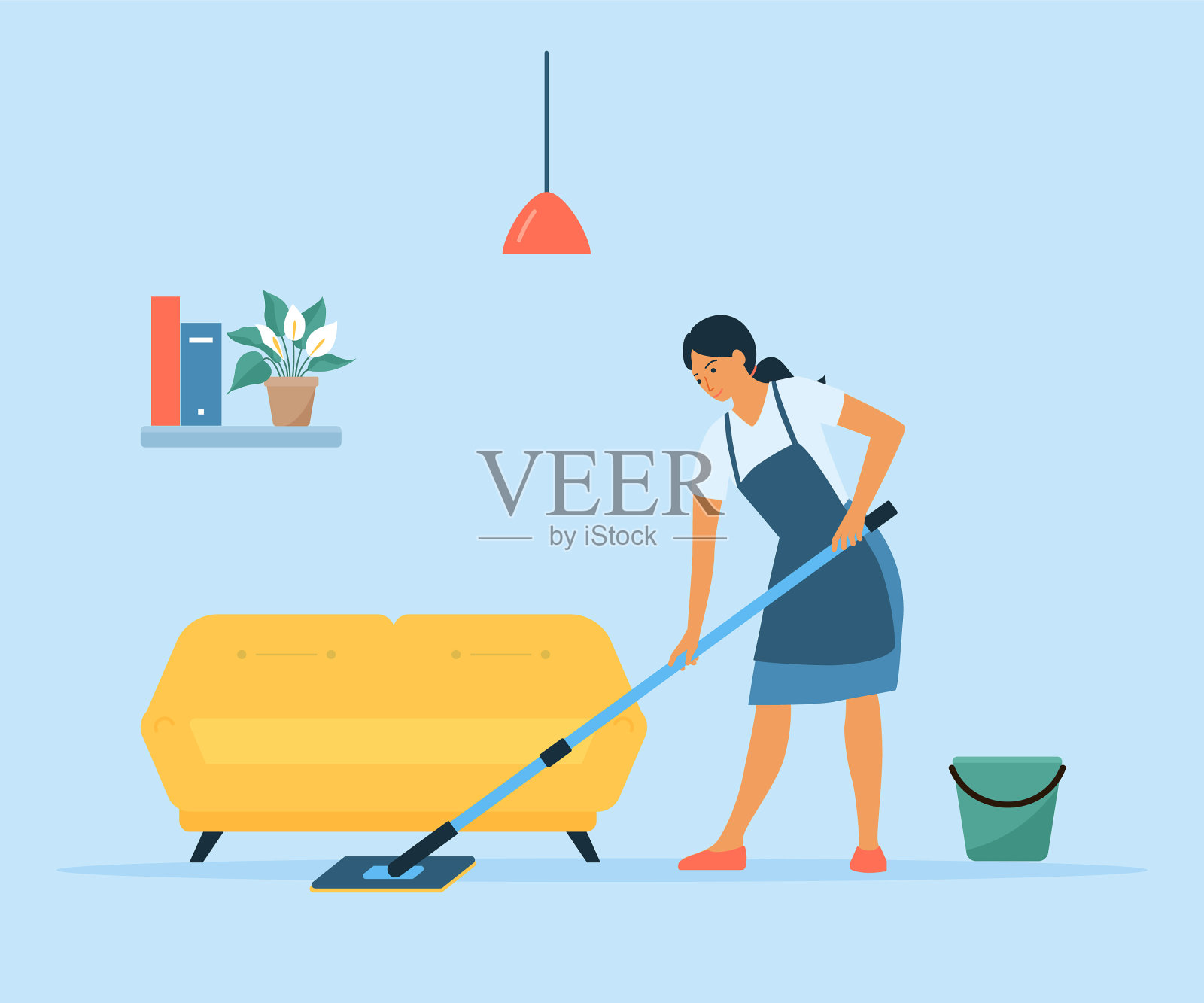 妇女在家里做家务，家庭主妇在打扫卫生插画图片素材
