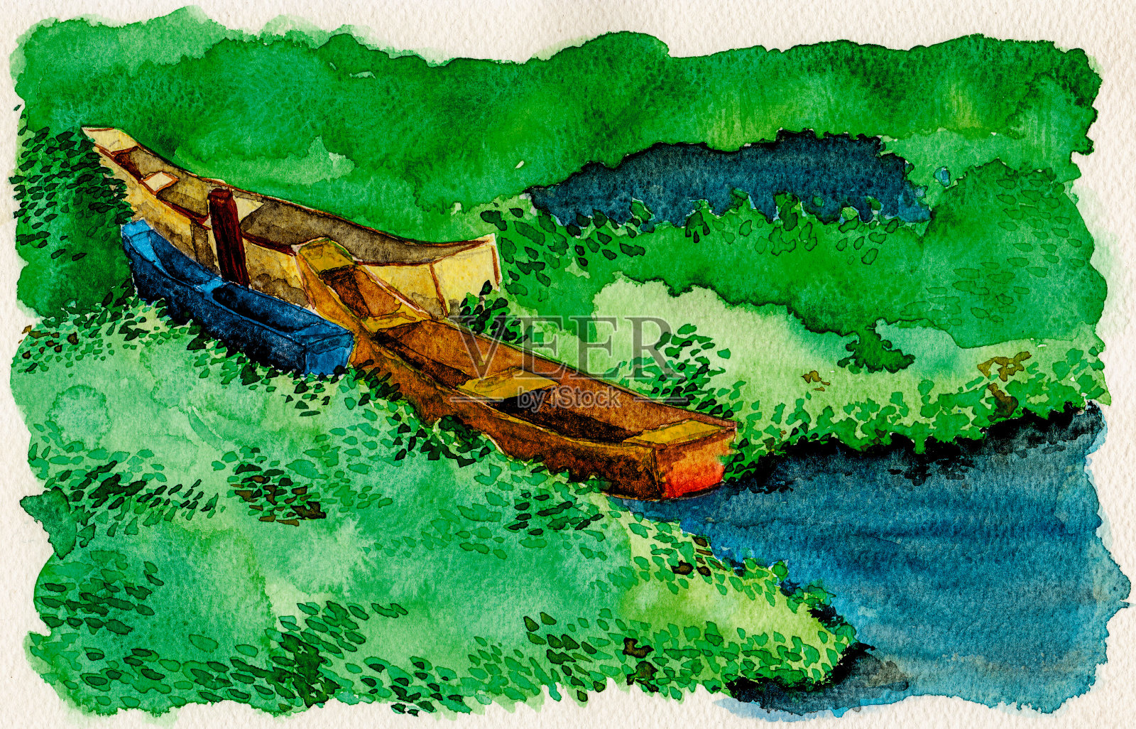 五颜六色的小木船停泊在水生植物中。靠近巴西东北部伊塔纳斯的热带海滩。水彩画。插画图片素材