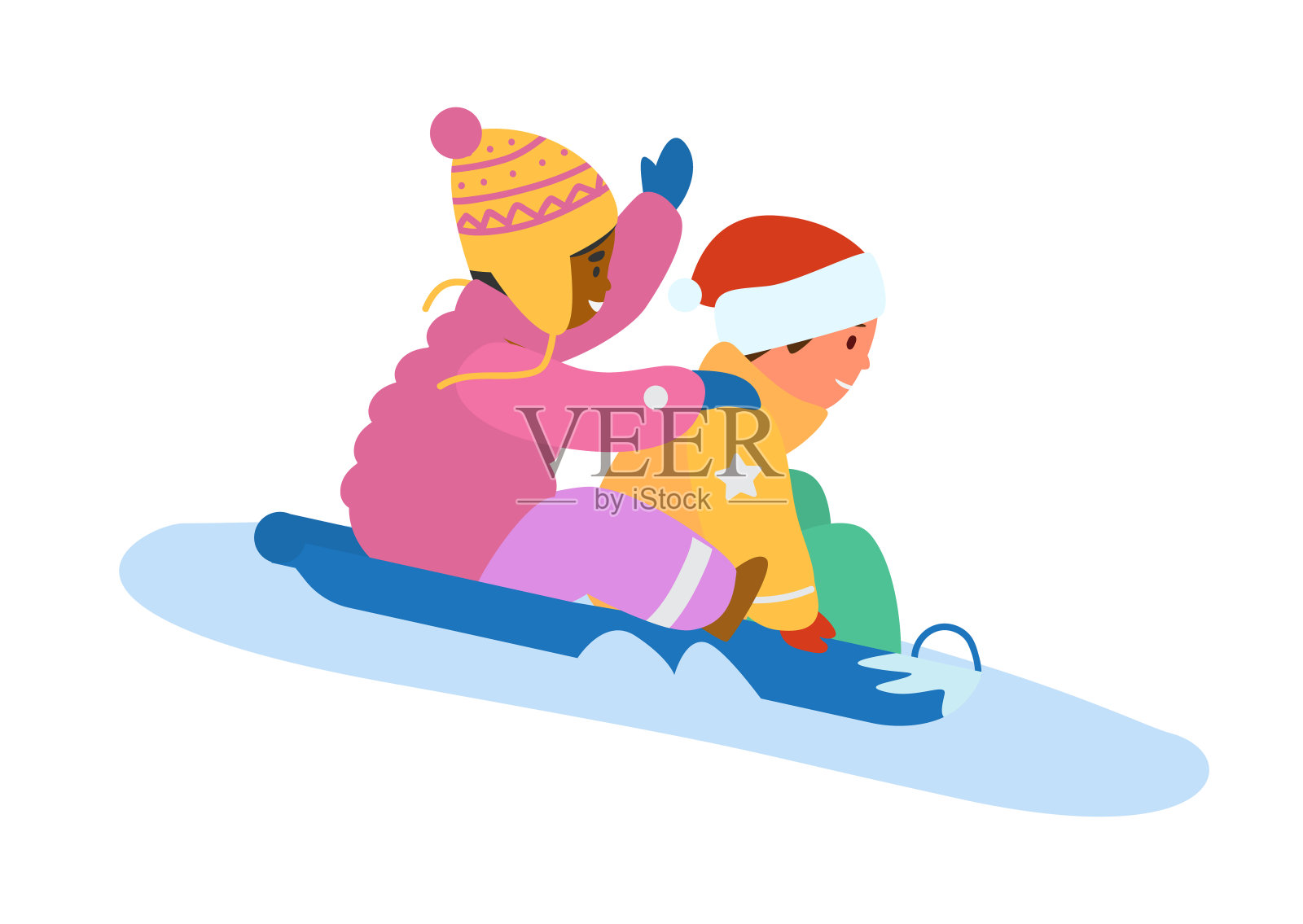 Boy And Girl Riding Snow Slide插画图片素材