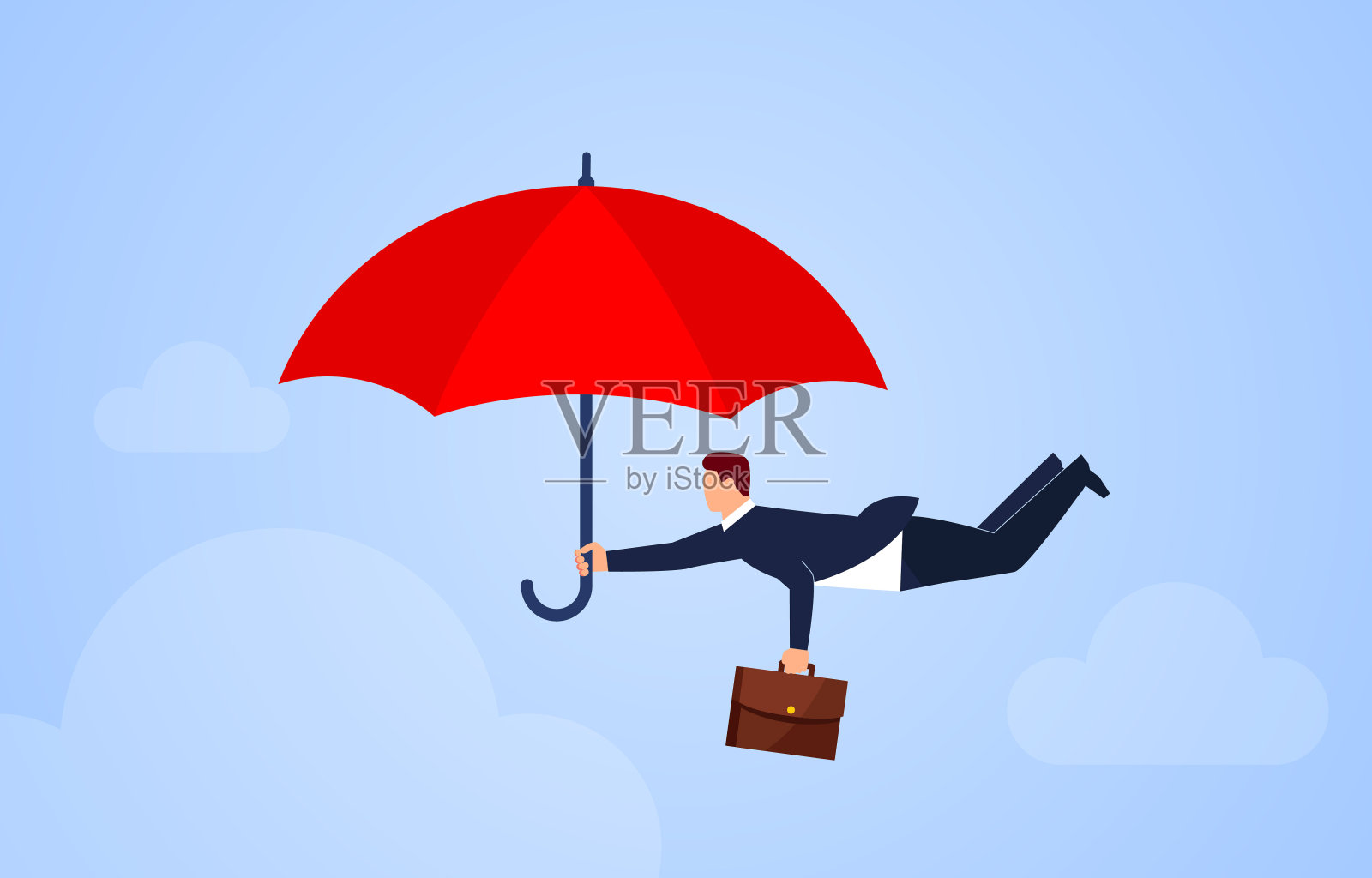 红伞保护商人在天空飞翔，保险概念说明插画图片素材