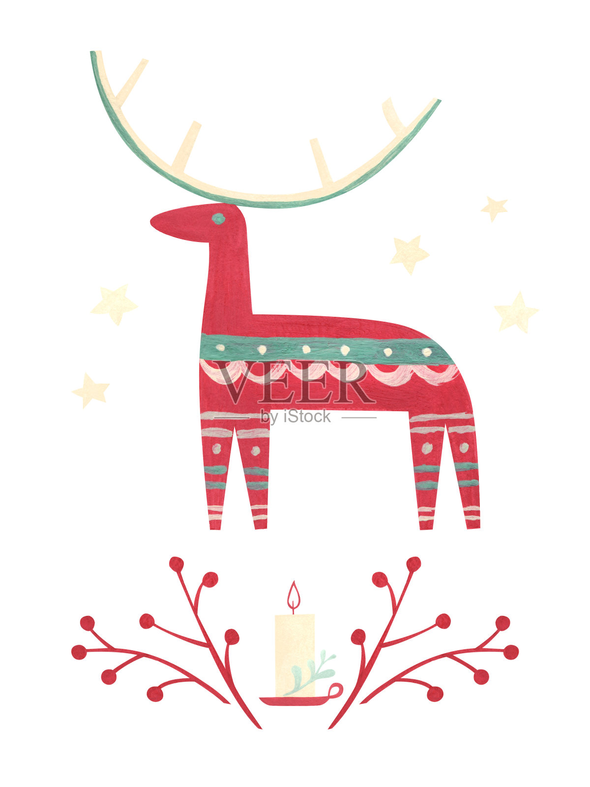 手绘驯鹿的名片。斯堪的纳维亚圣诞现代插图。插画图片素材