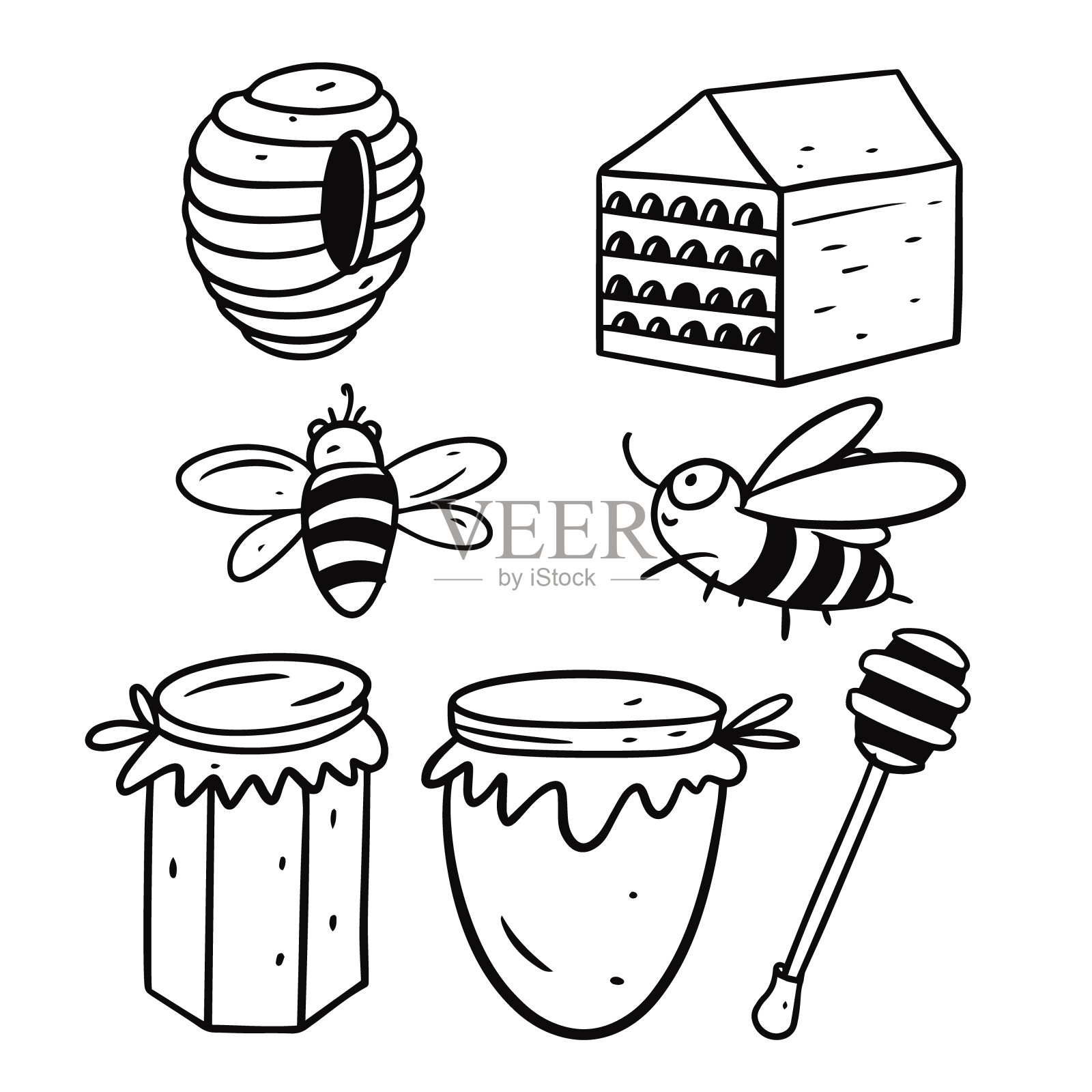 蜂蜜在罐子和蜜蜂。黑色的墨水。卡通手绘着色。插画图片素材