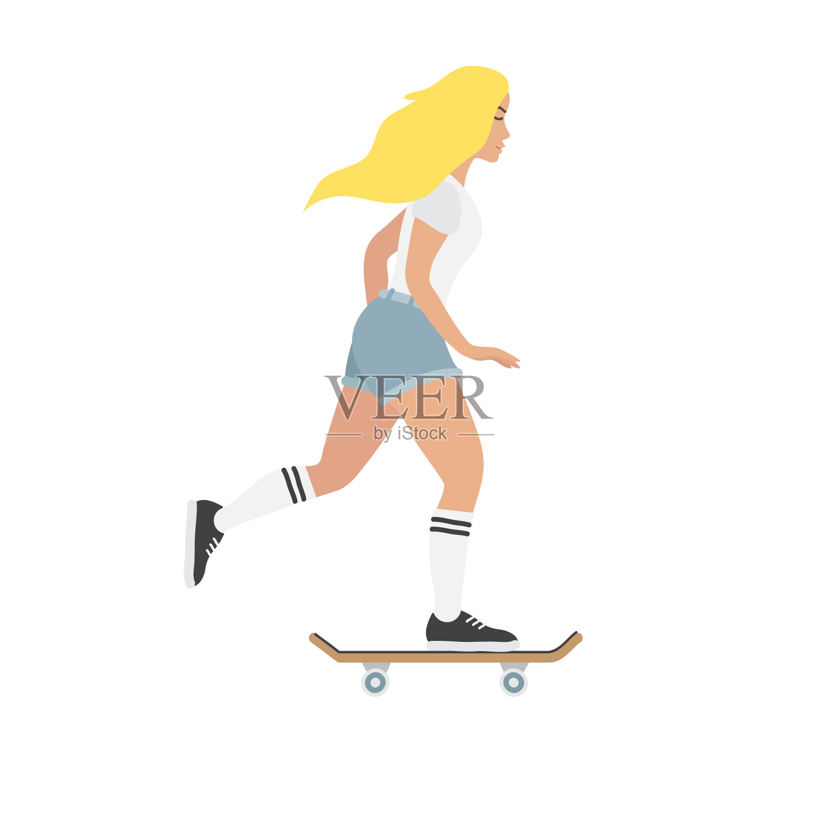 矢量平面卡通女孩年轻的金发女人在滑板上插画图片素材