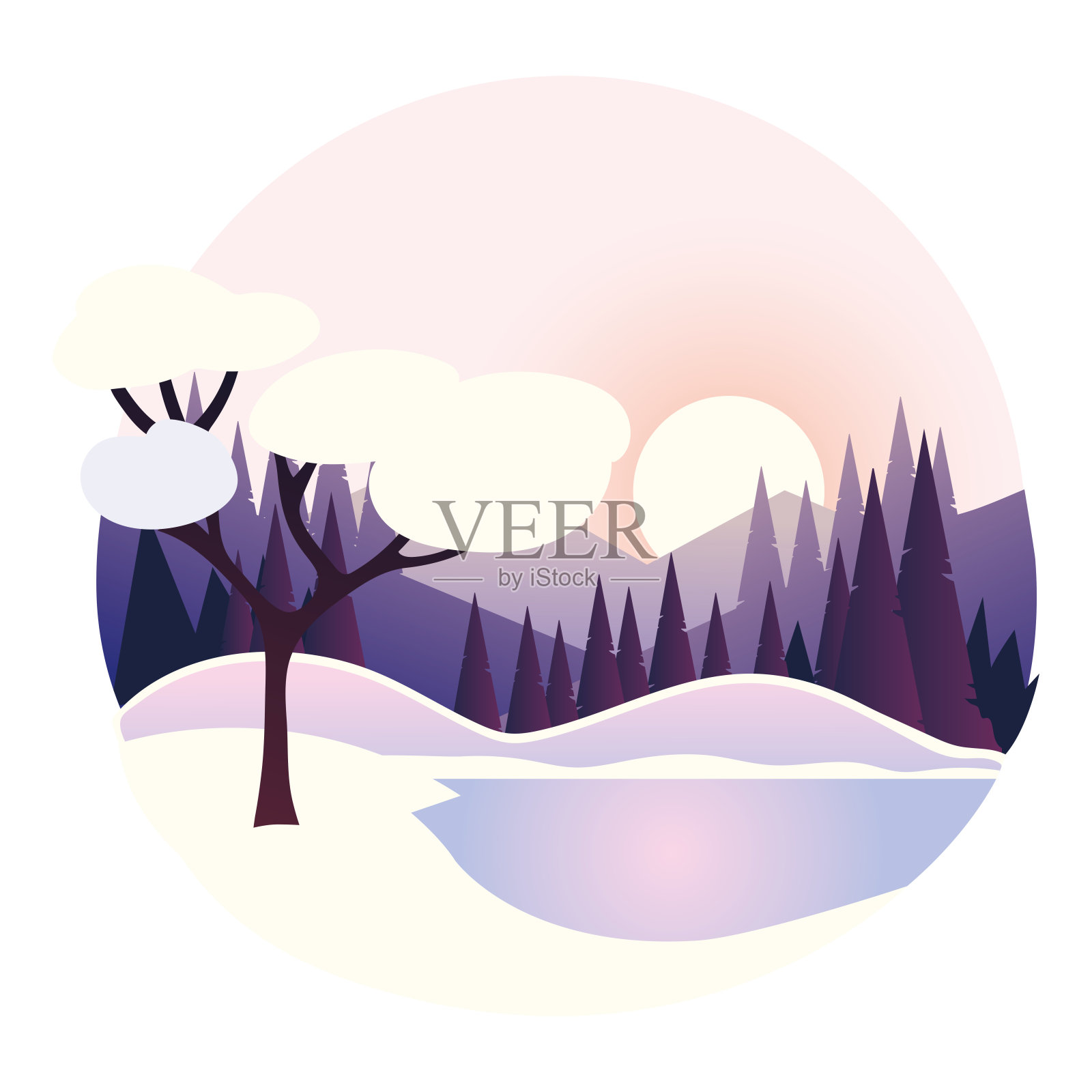 冬季景观松林山圆设计插画图片素材