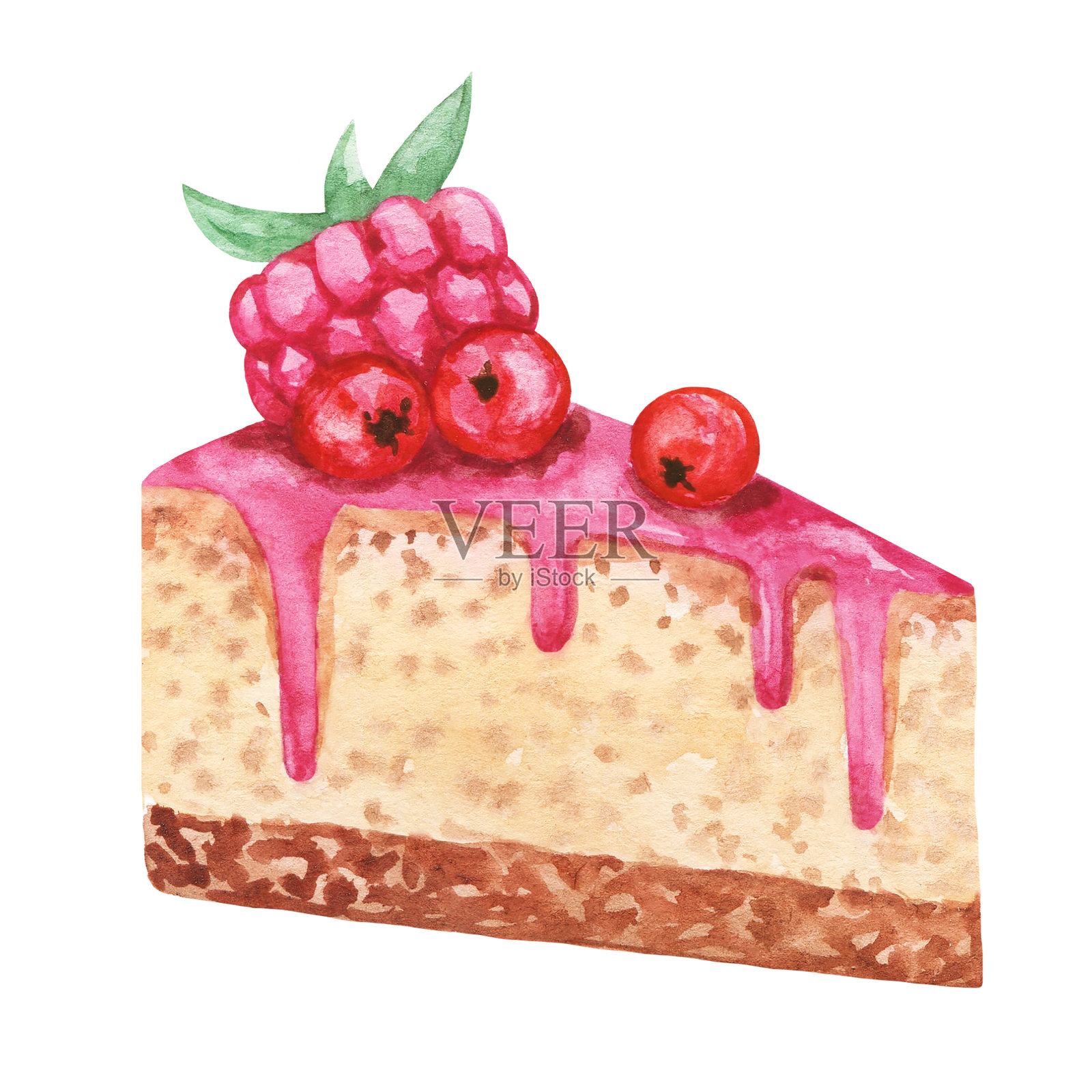 水彩芝士蛋糕stock插图，甜点剪辑艺术，一块海绵蛋糕与浆果方旦糖，甜孤立插画图片素材