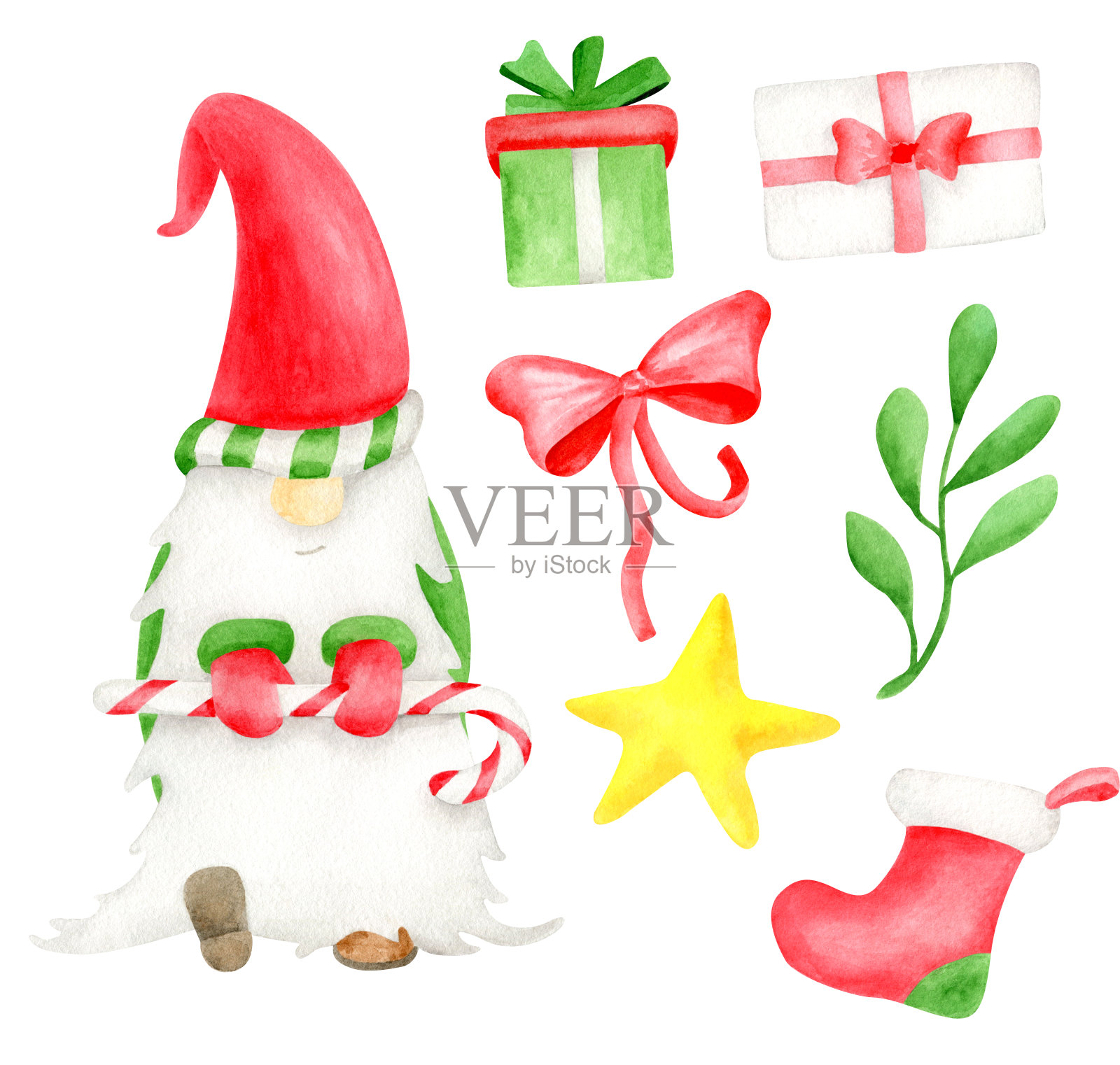 水彩圣诞侏儒集。手绘北欧冬季精灵与糖果手杖跳舞。礼盒，红蝴蝶结，槲寄生叶，星星和圣诞袜孤立在白色。圣诞设计的剪贴画。插画图片素材