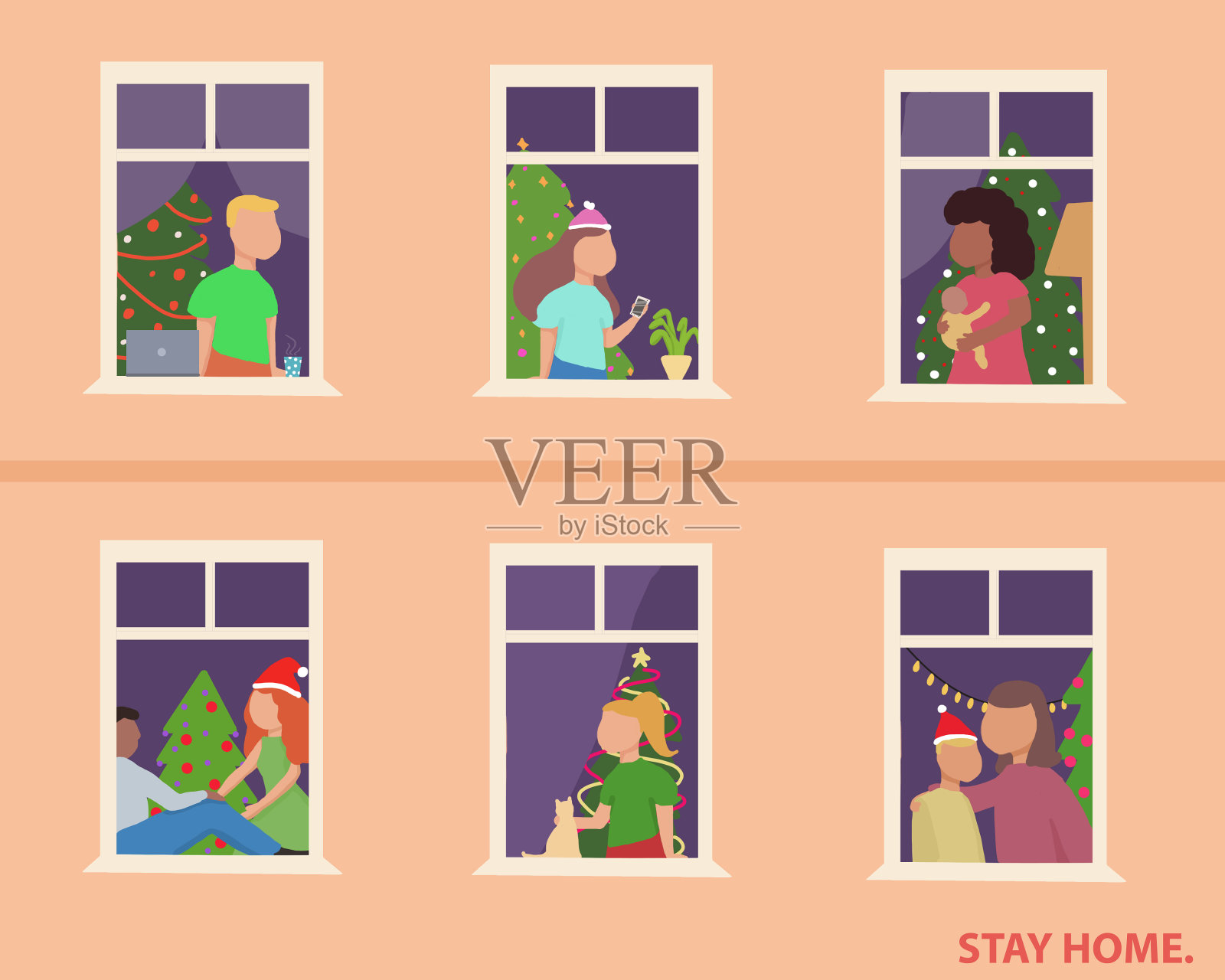 新年庆祝活动，因为新冠病毒大流行，每个人都在自己的家里——一个幸福的人与家人一起度过节日的美丽故事插画图片素材
