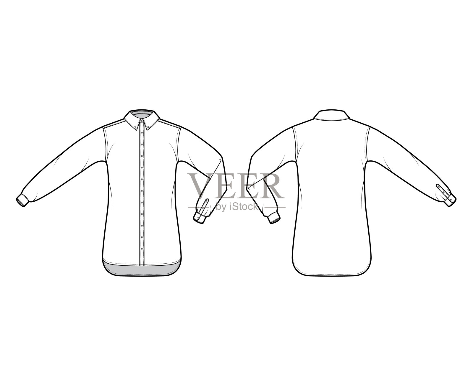 衬衫领扣技术时尚插图与肘折，直长袖袖口，超大，领子插画图片素材