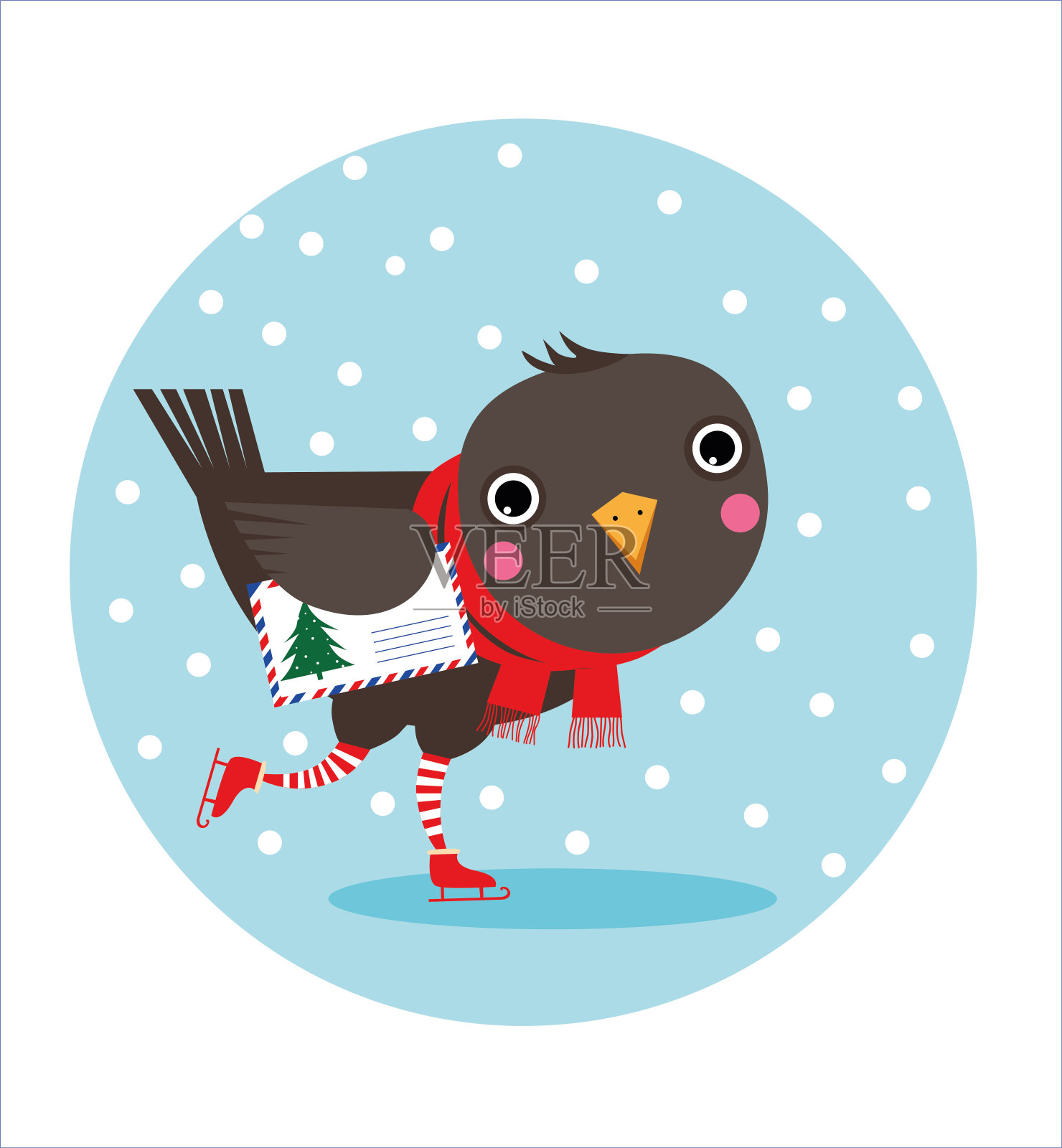 一只戴着围巾穿着溜冰鞋的鸟，翅膀下衔着一封给圣诞老人的信插画图片素材