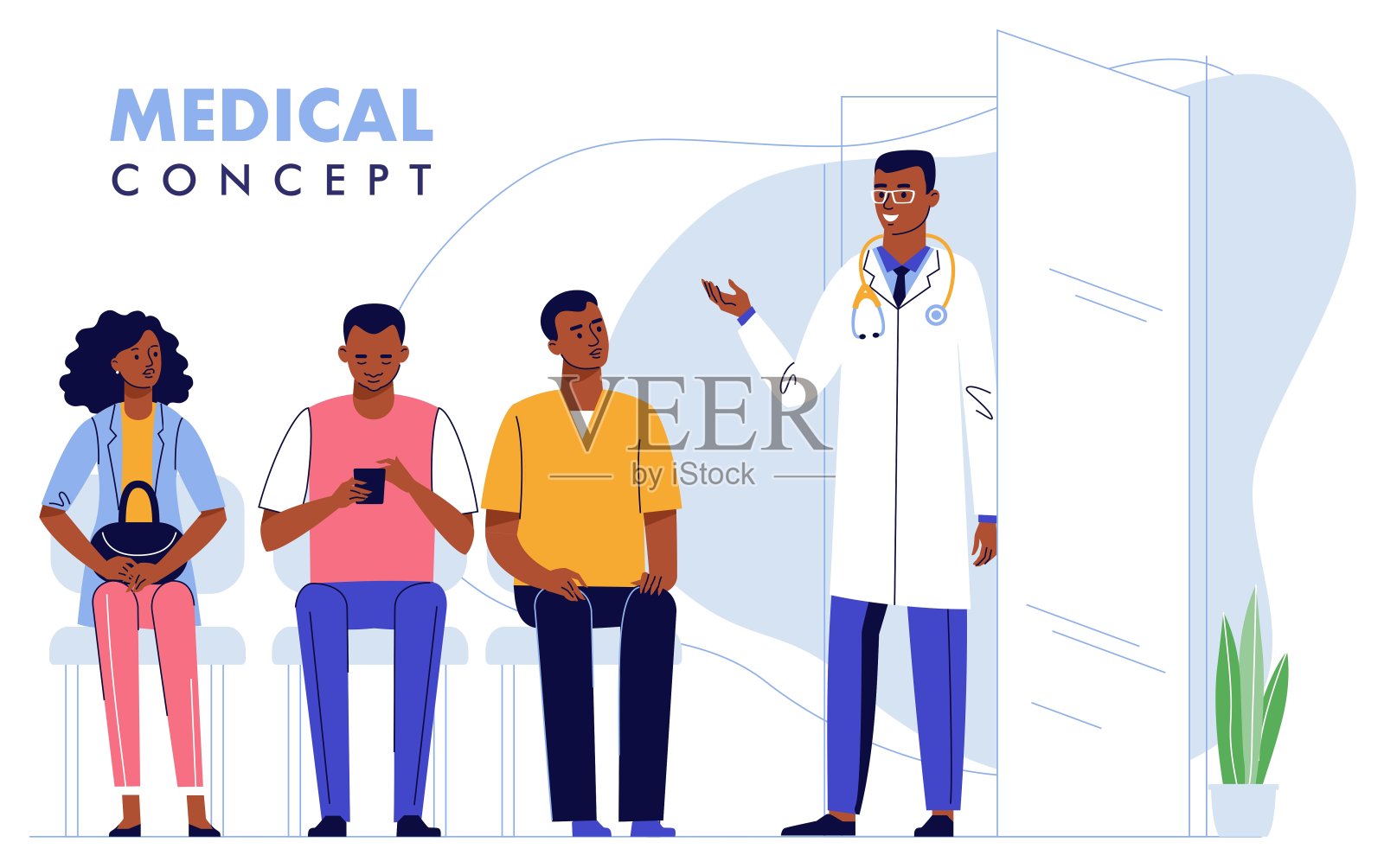 医学理念与黑人医生和病人在医院大厅排队等候。插画图片素材