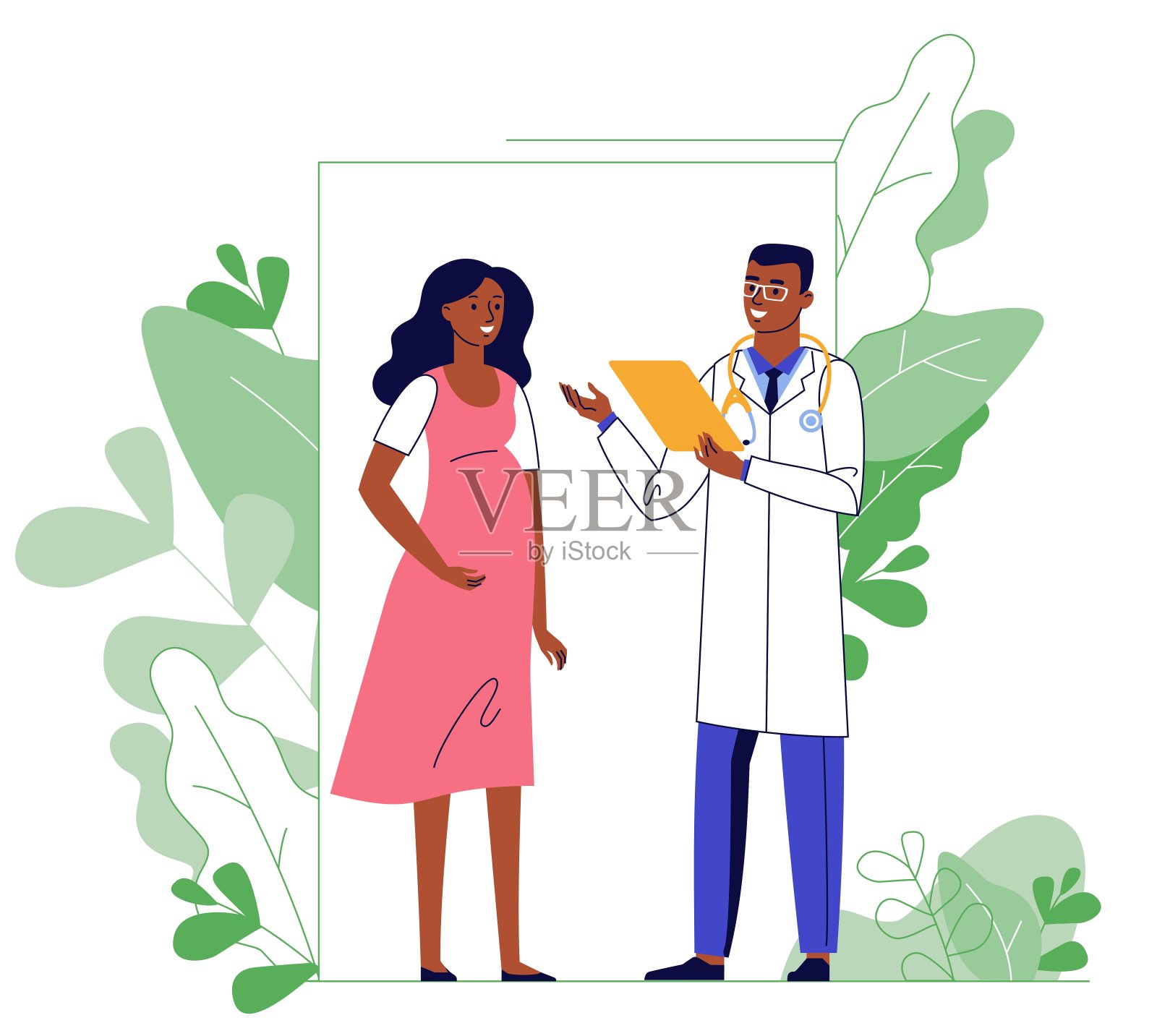 医学概念的怀孕与黑人医生和年轻的女孩病人在医院。插画图片素材