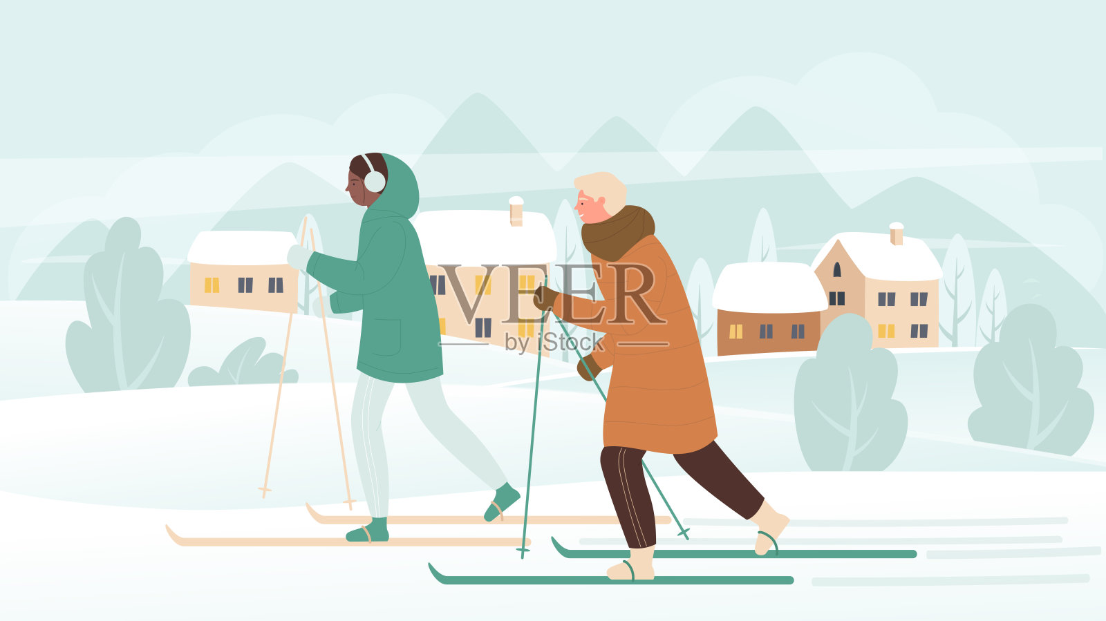 人们在滑雪冬季运动活动在圣诞节假期插画图片素材