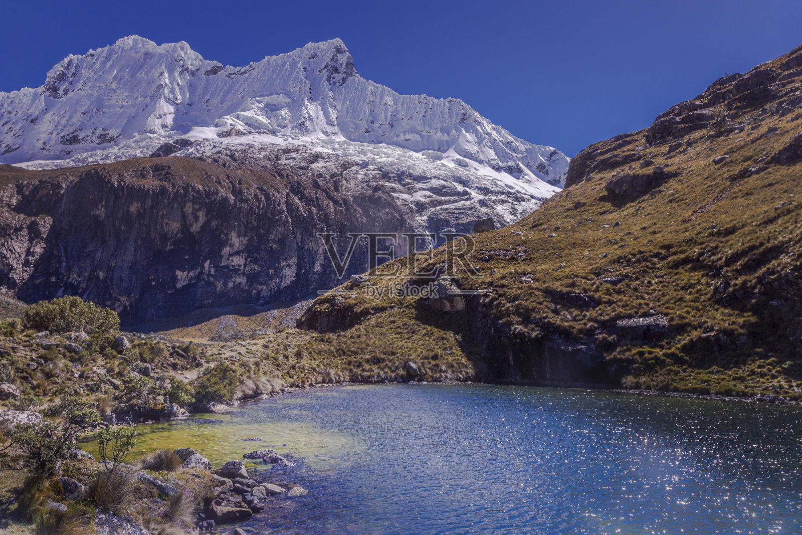 白雪皑皑的秘鲁安第斯山脉的布兰卡山脉的绿松石湖照片摄影图片