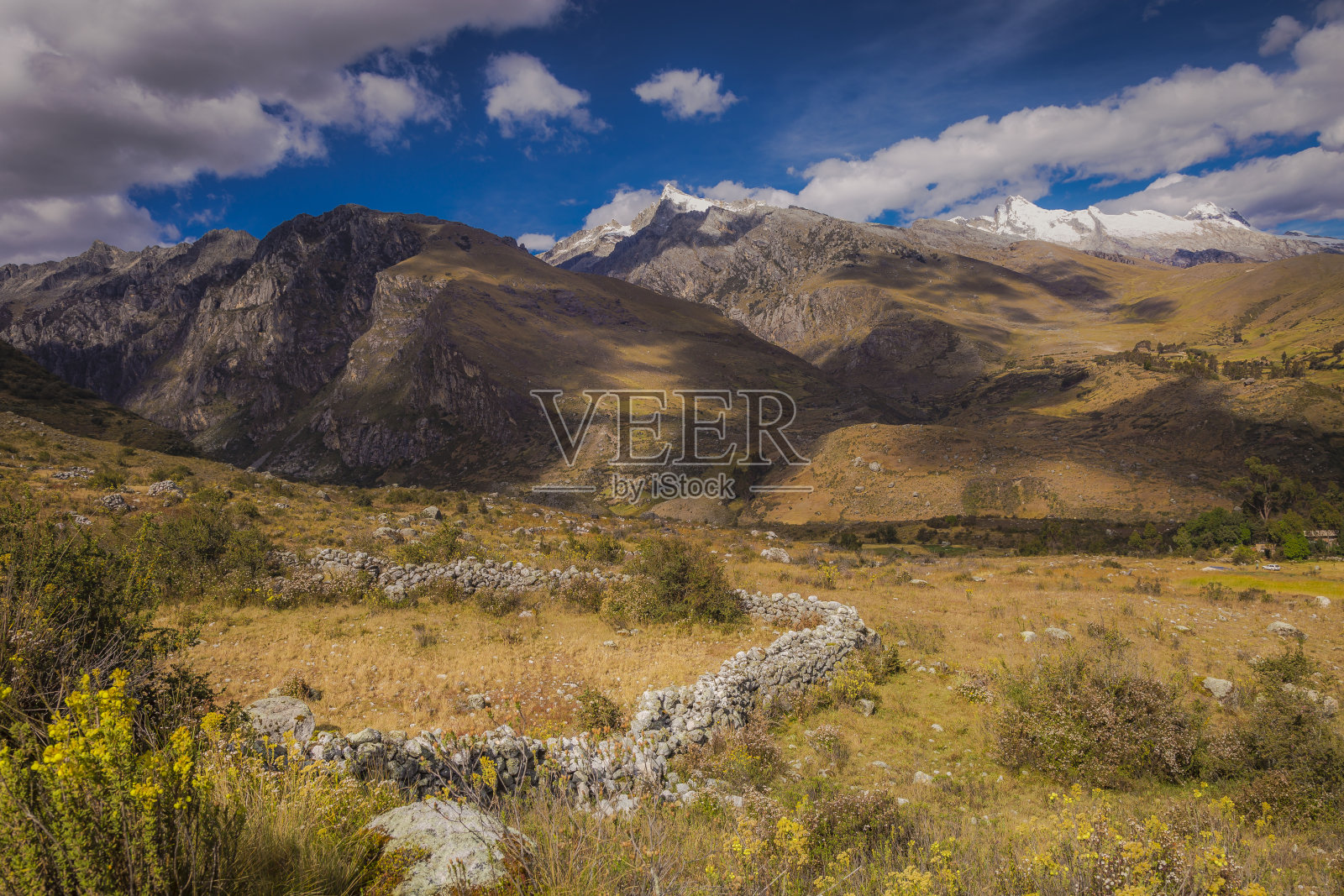 秘鲁安第斯山脉附近的布兰卡山脉有着田园诗般的风景和草甸照片摄影图片