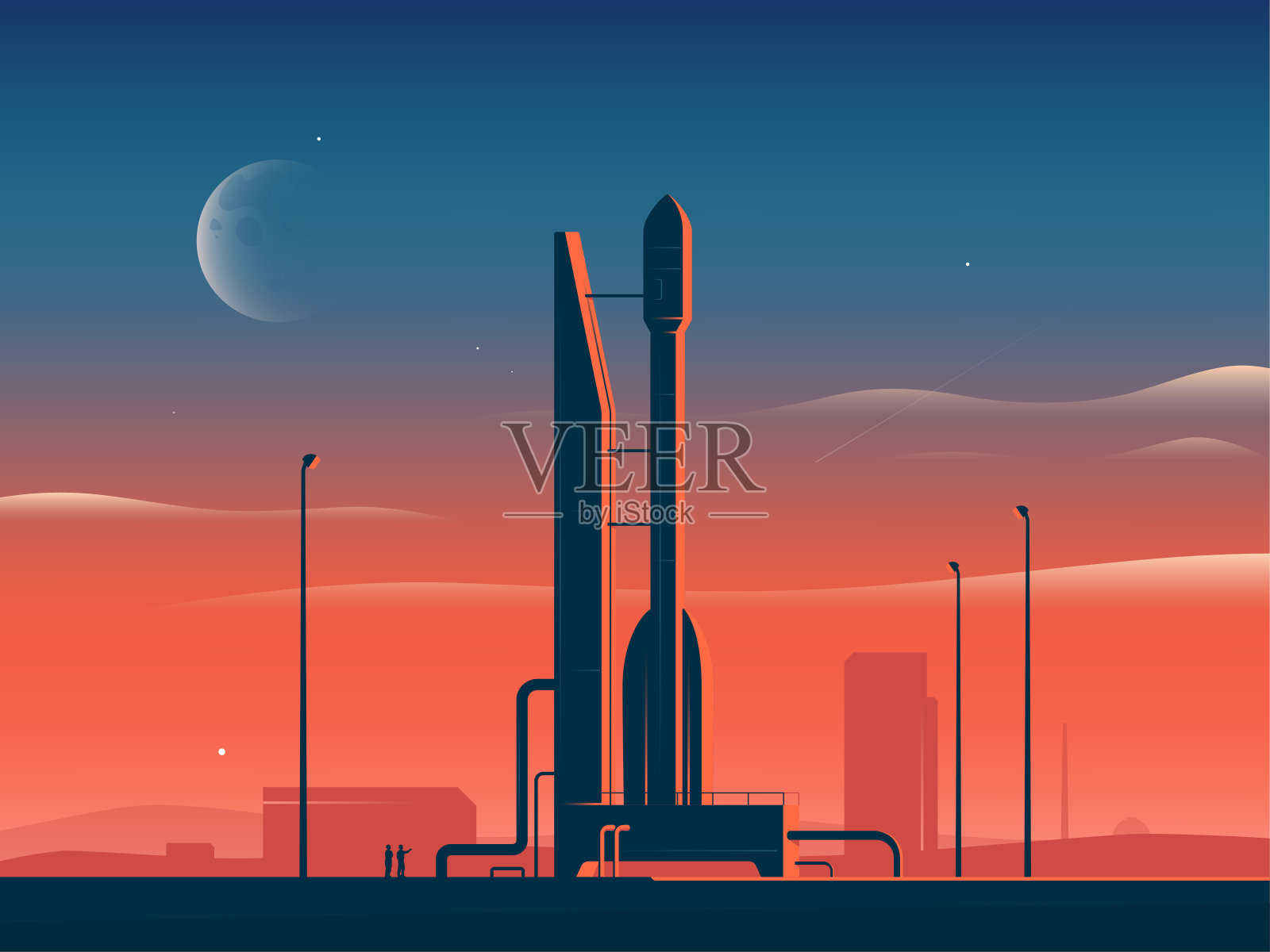 矢量插图的火箭飞船在日落准备发射插画图片素材