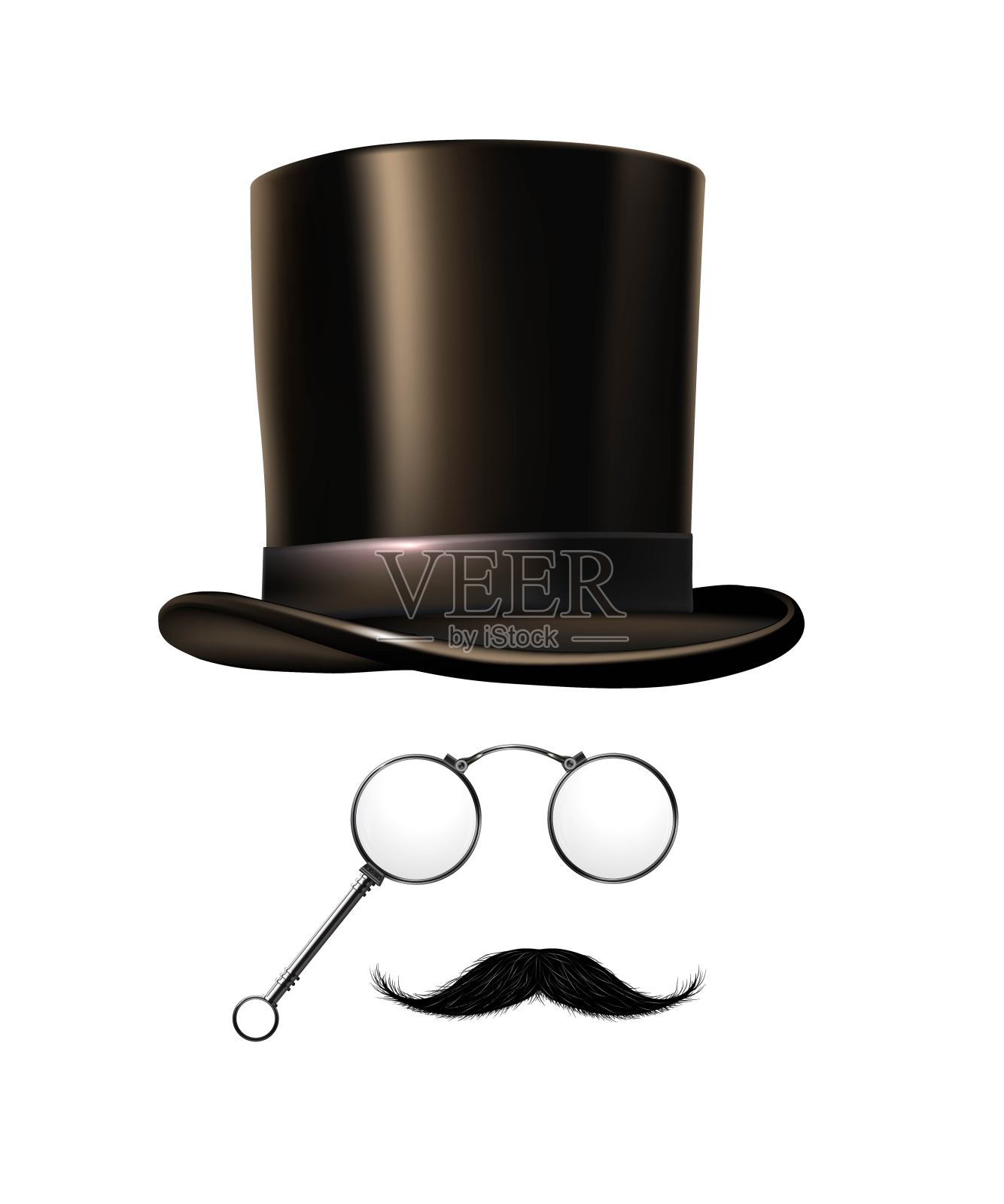 英国绅士复古头元素集。黑色的礼帽，眼镜，白色背景上的小胡子。现实复古男性时尚风格矢量插图。长老监督会配件插画图片素材