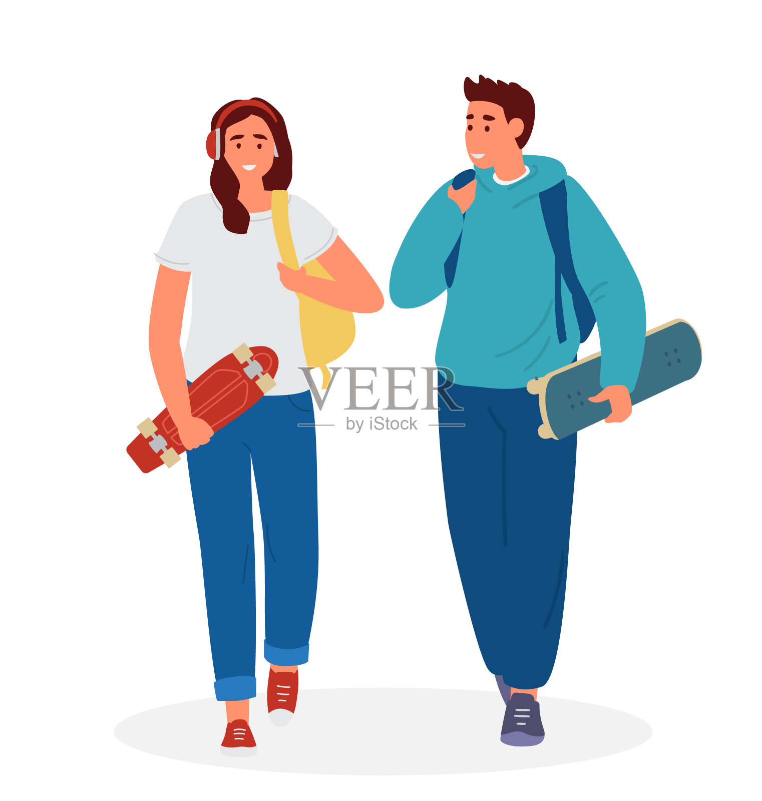 玩滑板和佩妮滑板的青少年情侣插画图片素材
