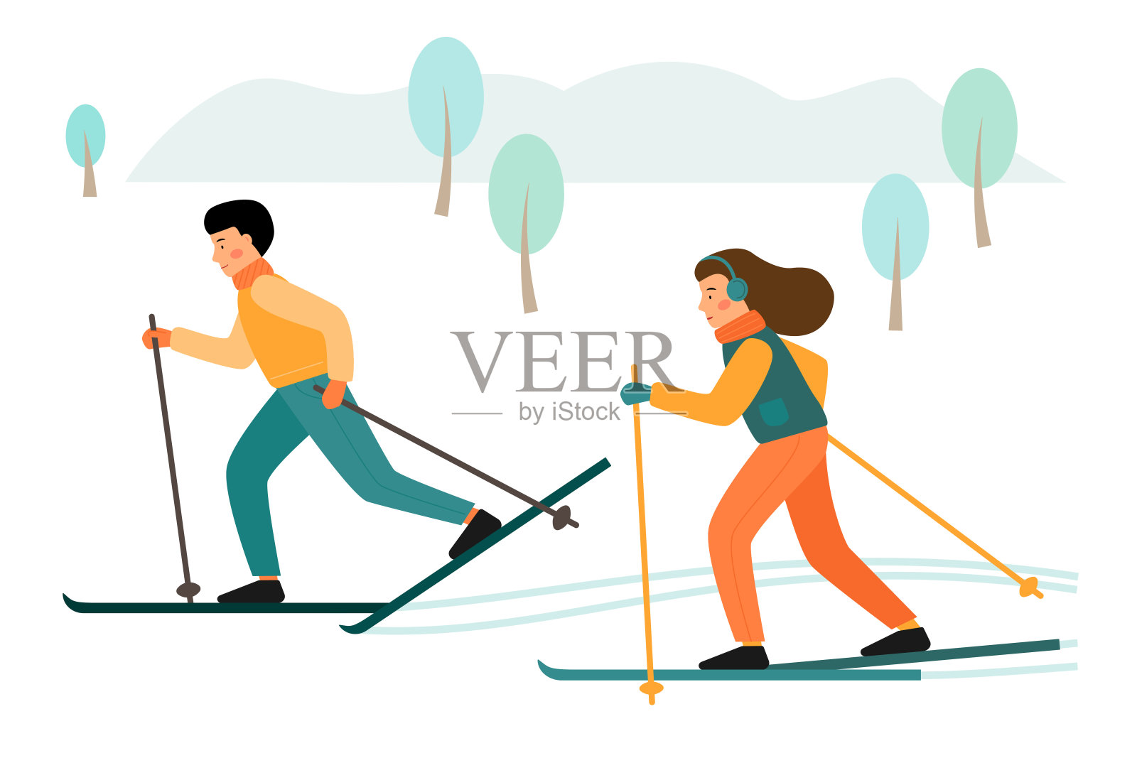 男孩和女孩在公园里滑雪。冬季运动。插画图片素材
