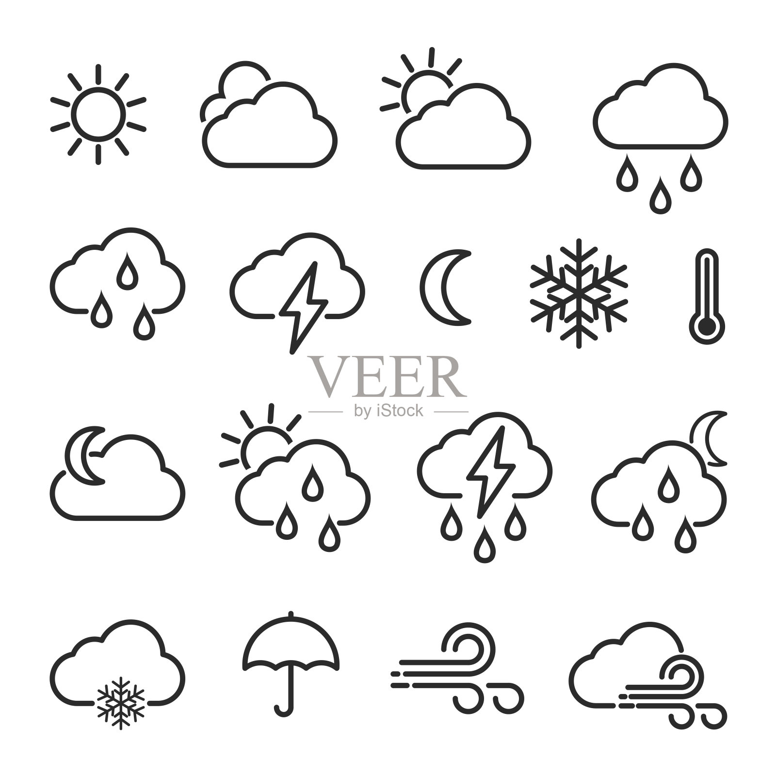 天气图标设置在线条风格。云，雪花，风，太阳，风暴矢量图标。气候标志符号。插画图片素材