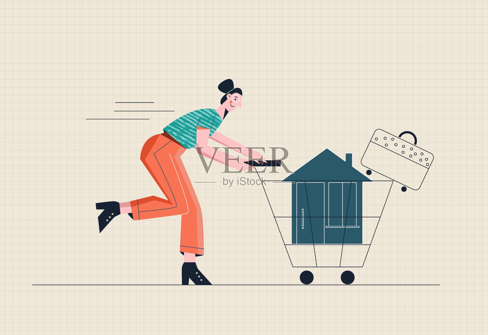 买房子或公寓抵押概念女人与房子和行李箱运行在超市手推车平面矢量插图插画图片素材