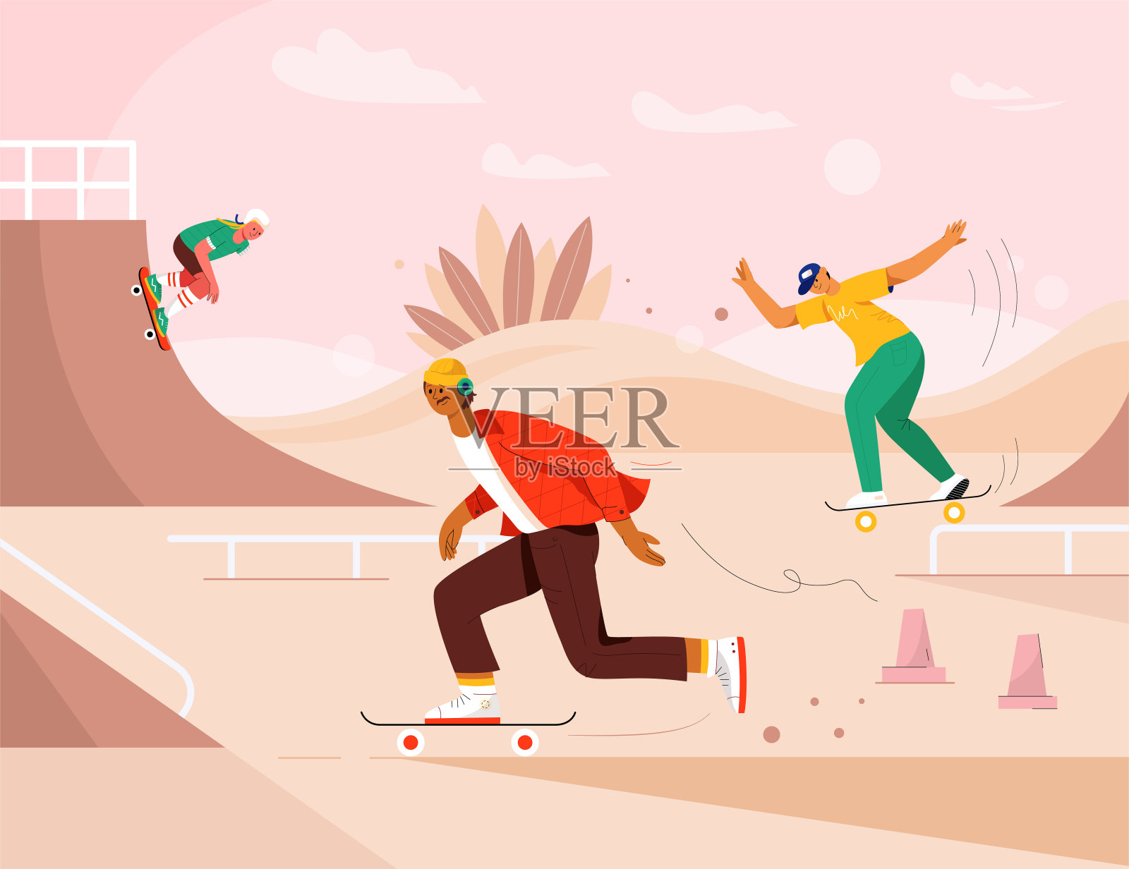 在滑板公园玩滑板的快乐人们插画图片素材