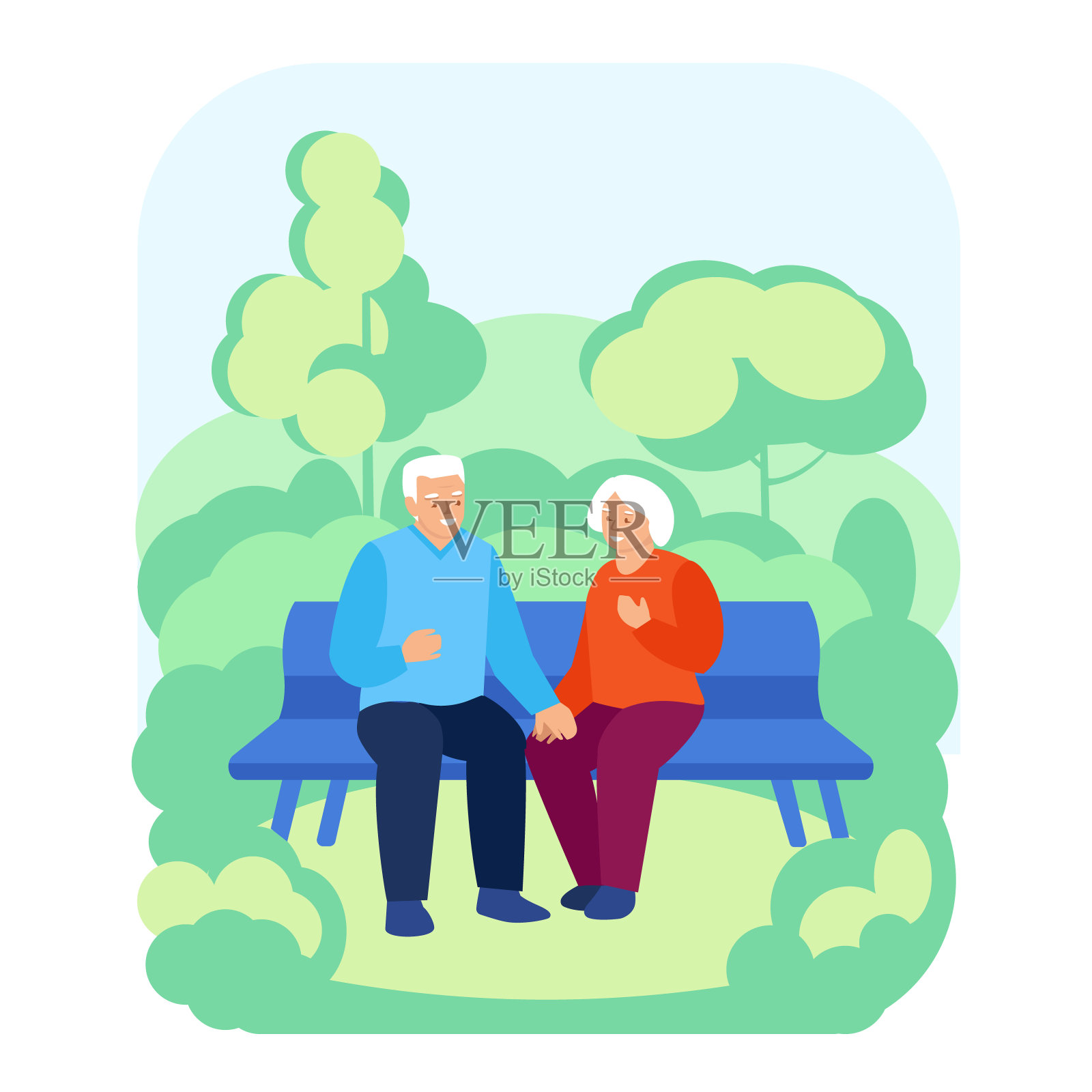 夏天的春天，一对老夫妇坐在长凳上。老年幸福关系的概念。平面风格的矢量插图。插画图片素材
