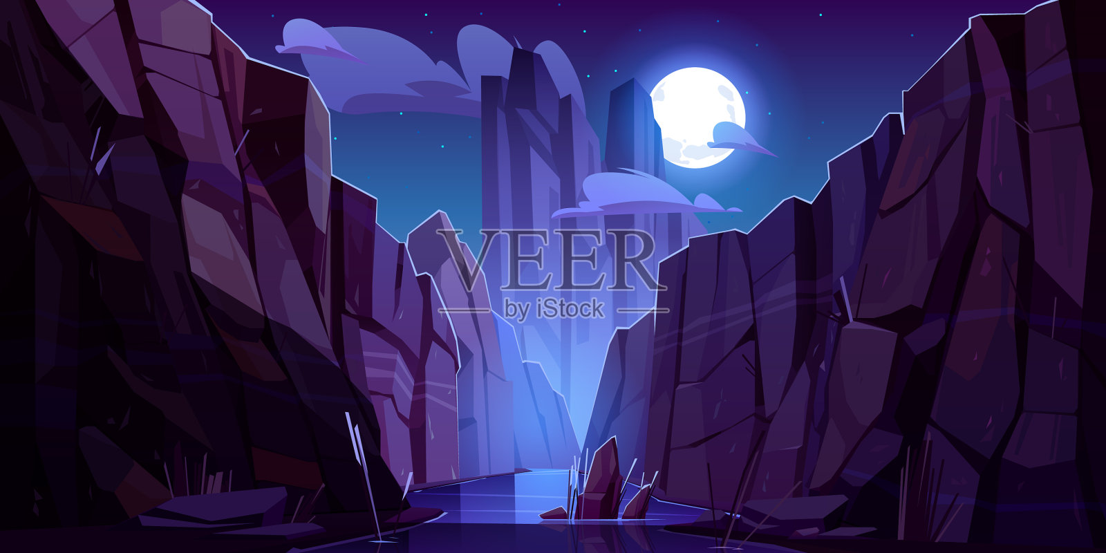 夜间峡谷里的山河插画图片素材