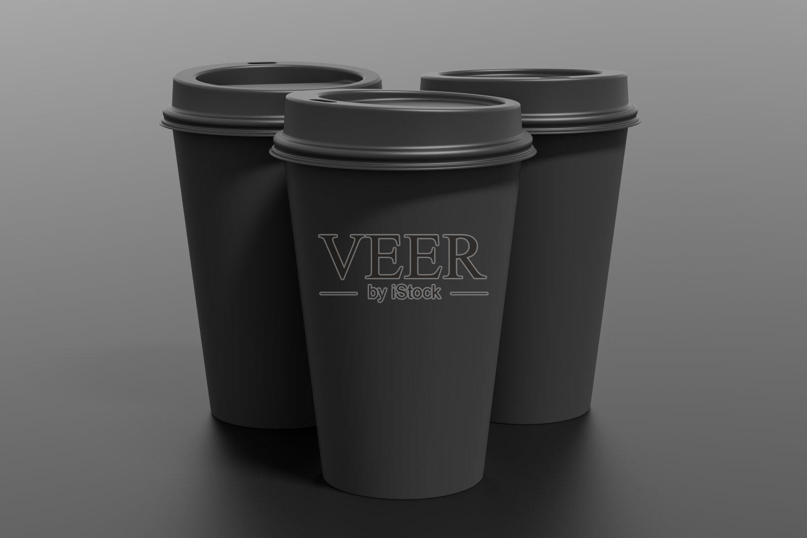 三个黑色带走咖啡纸杯模仿与黑色的盖子在黑色的背景。照片摄影图片