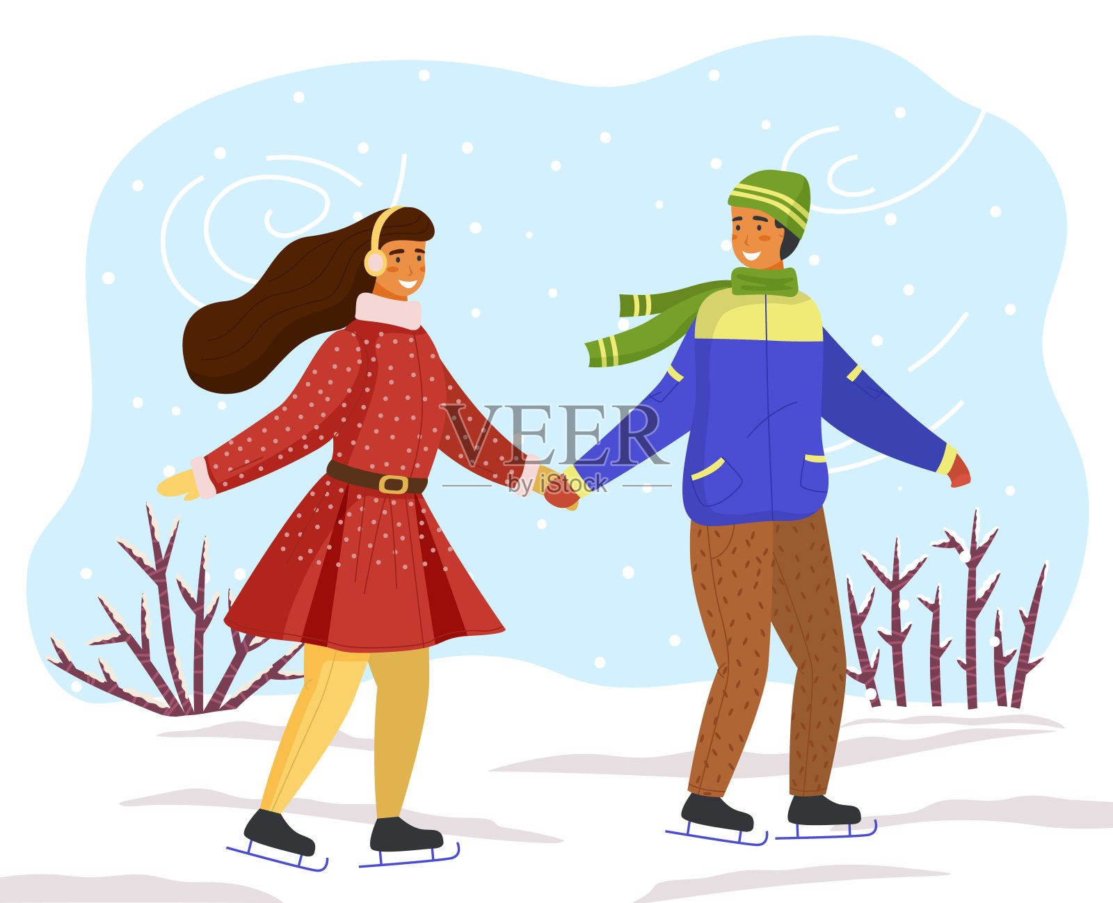 一对夫妇在冬天一起滑冰，手牵着手看着对方，雪灌木丛，雪风插画图片素材