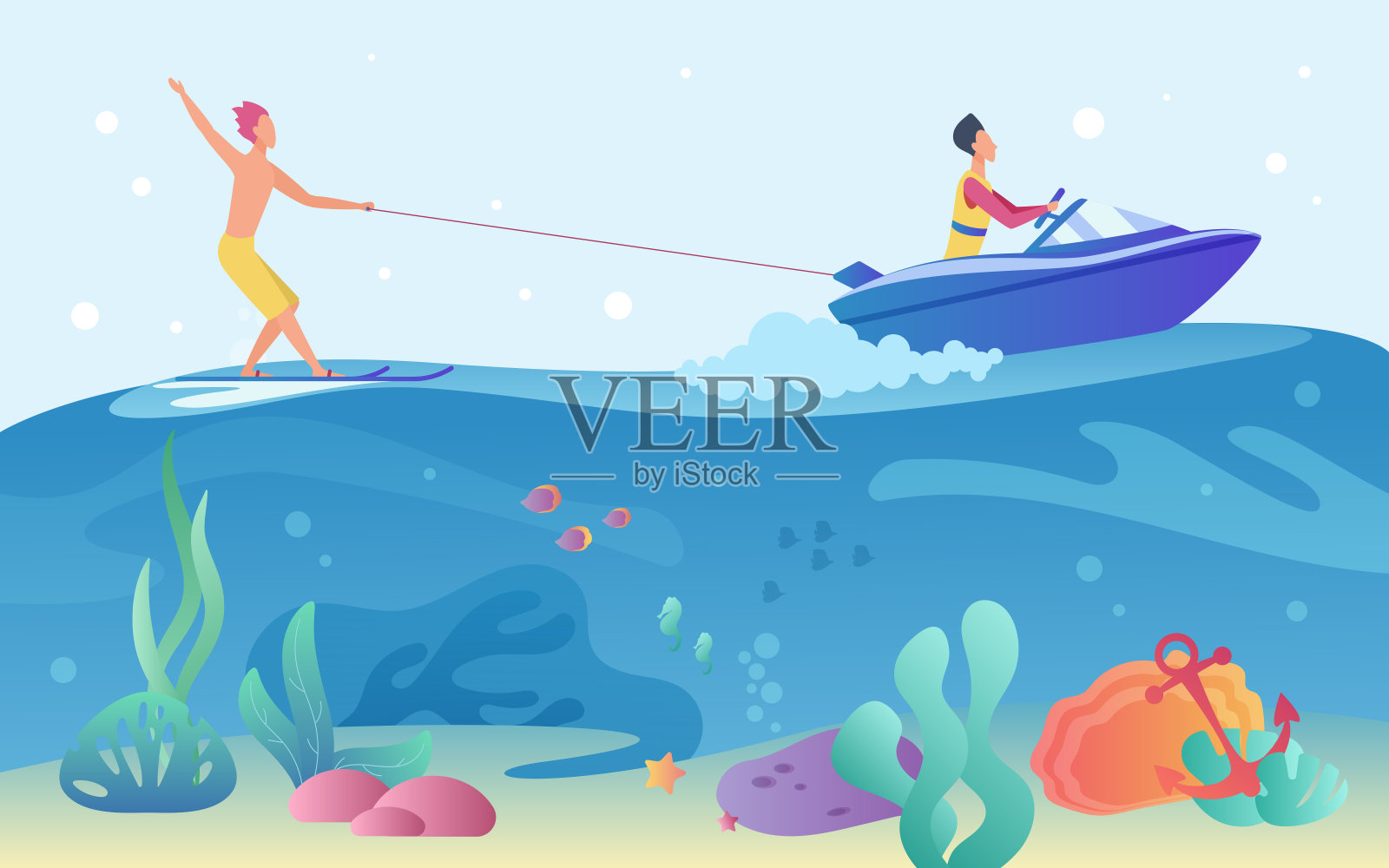 极限海水运动，人骑尾流板和船插画图片素材