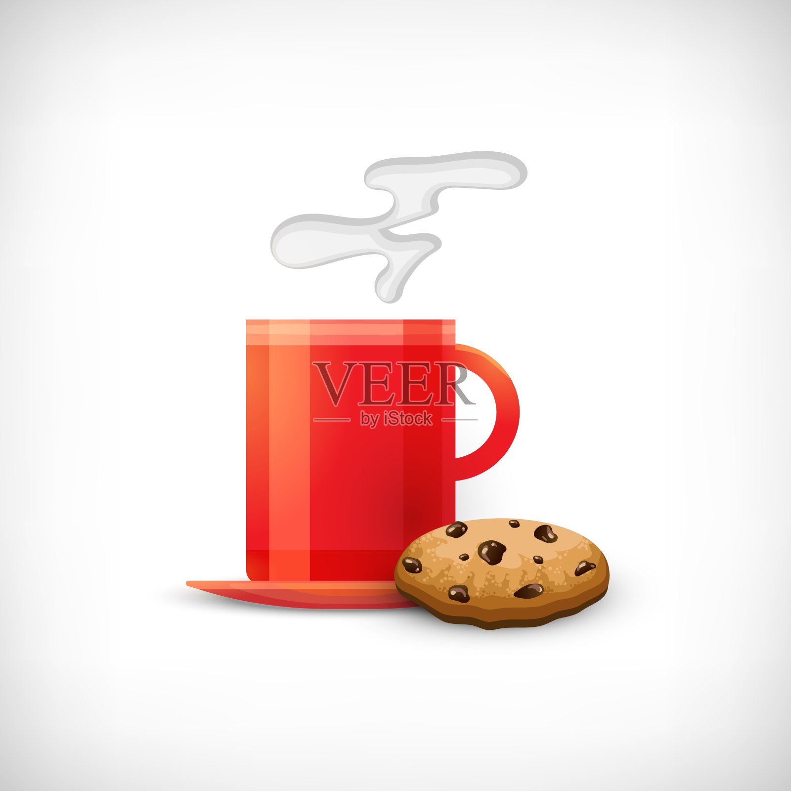 咖啡杯图标。红杯咖啡或茶，配上逼真的饼干。装饰图案的背景。平的风格。网页设计的元素。矢量插图。插画图片素材