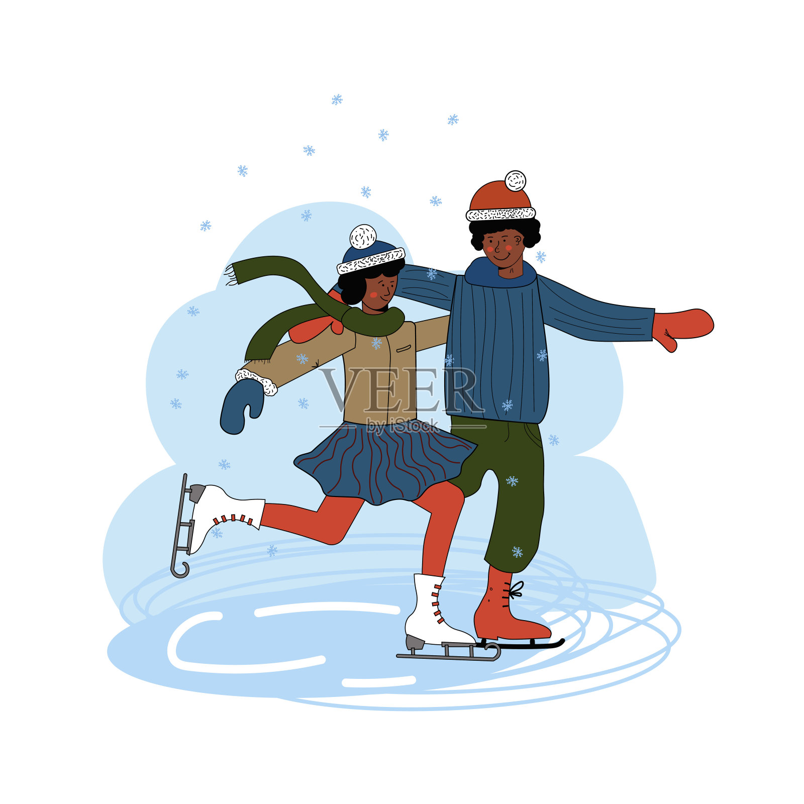 滑冰的夫妇。一个皮肤黝黑的男人和女人穿着外套。在一起的时间。冬季户外休闲。手绘轮廓。在户外矢量插图。在白色背景上隔离插画图片素材