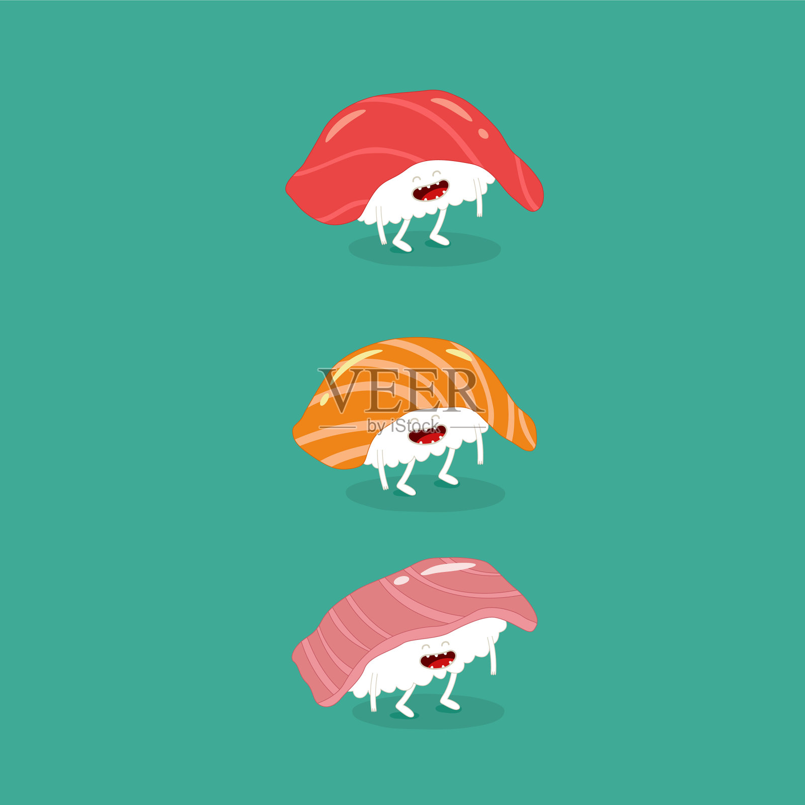 寿司，三文鱼，金枪鱼，鲈鱼，有趣的形象插画图片素材