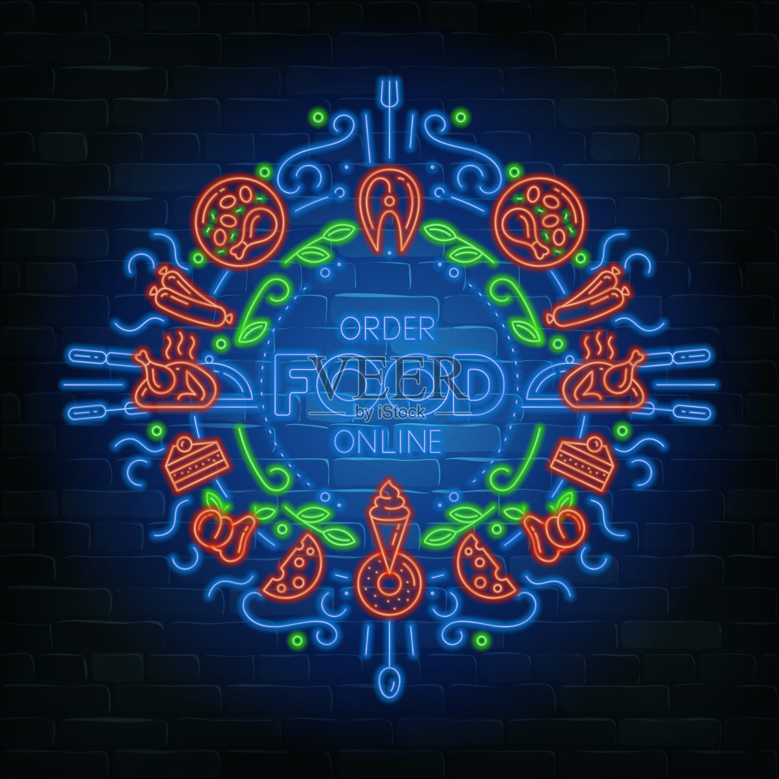 “在线点餐”霓虹招牌。一组不同的杂货图标在一个砖的背景。插画图片素材