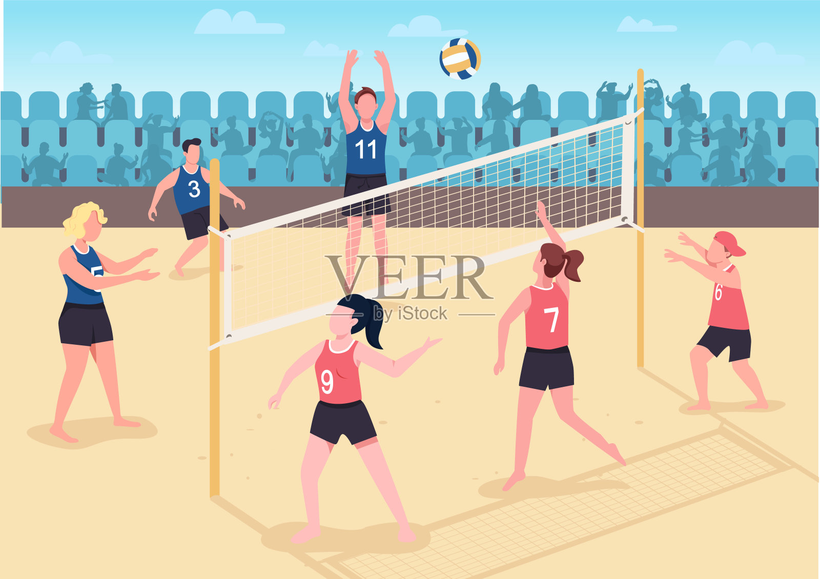 人们在沙滩上打排球平面彩色矢量插图插画图片素材