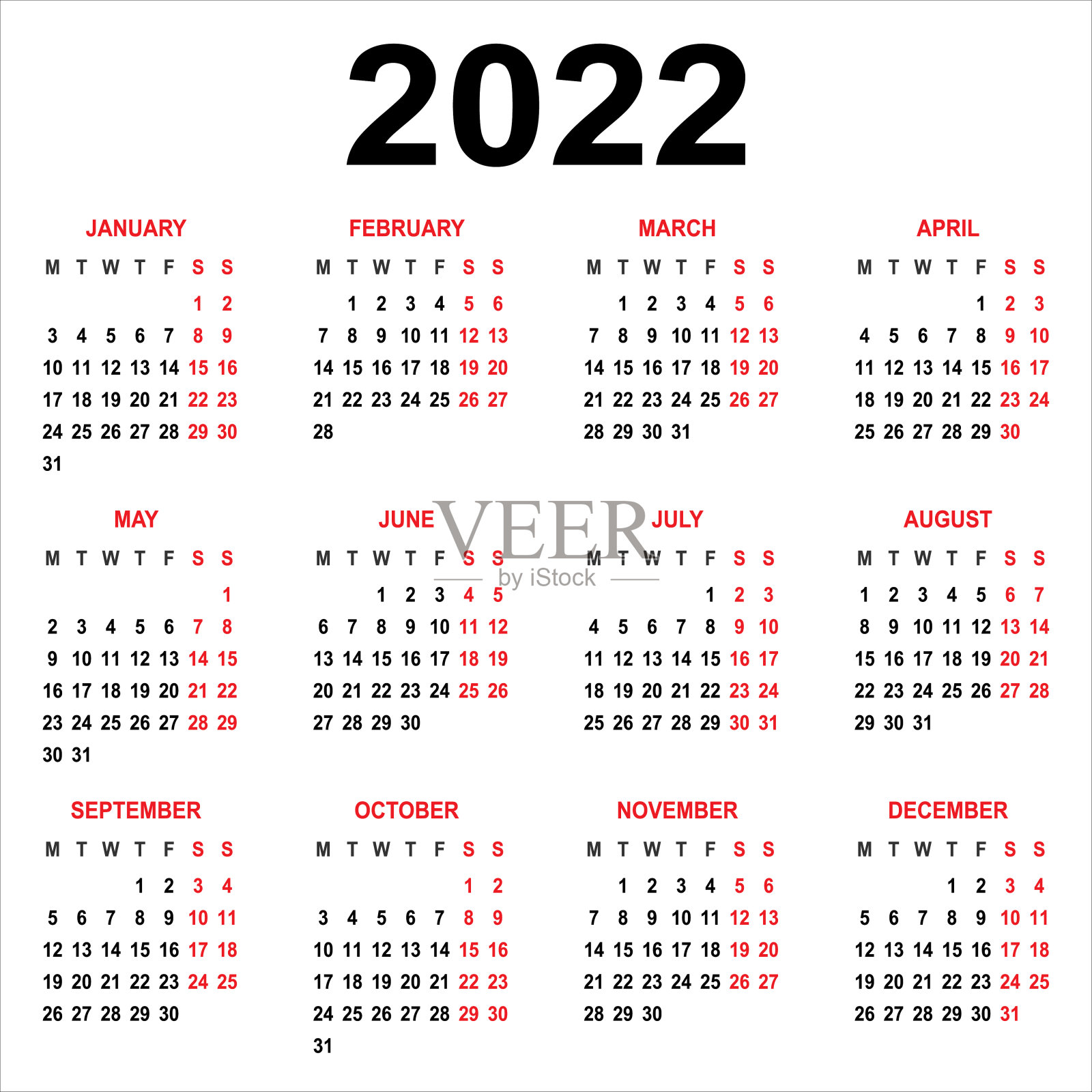 2022年日历。一周从周一开始设计模板素材