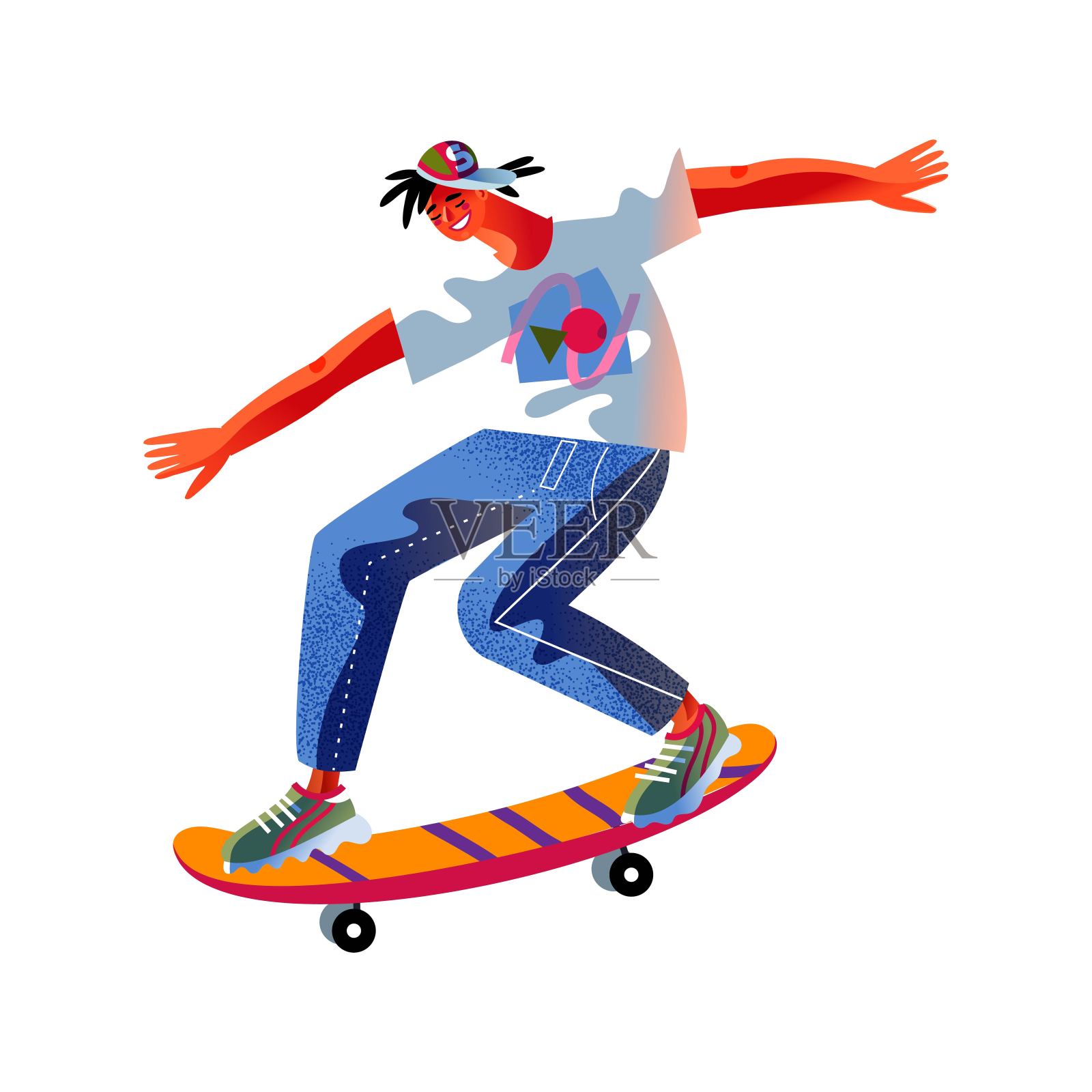 骑滑板的年轻人。快乐男孩溜冰板上的速度，孤立在白色的背景。娱乐在滑板公园操场矢量插图。现代青年休闲插画图片素材